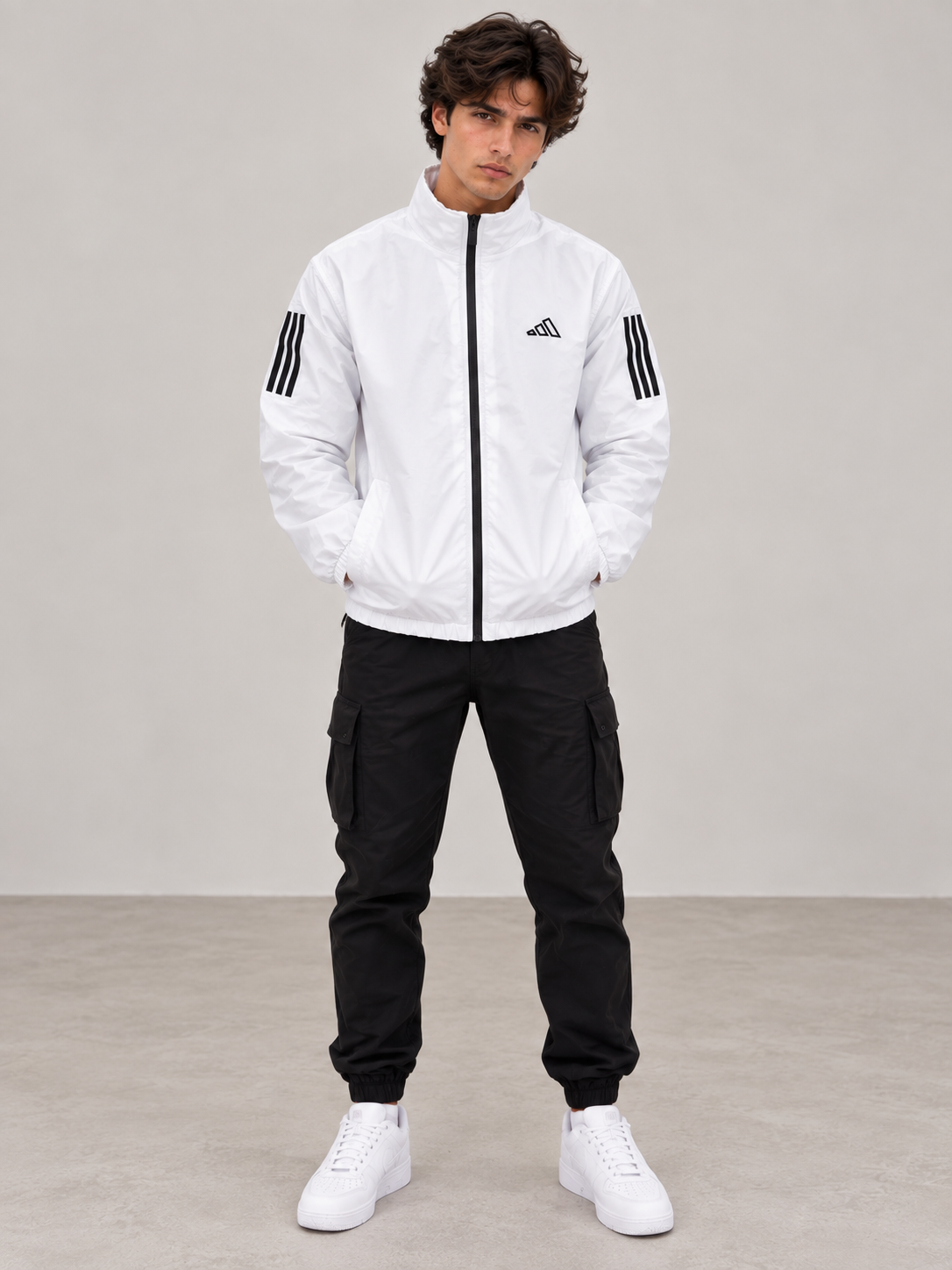 Adi Classic 3-Stripe White Windbreaker Jacket – Lightweight Full-Zip Sports Jacket