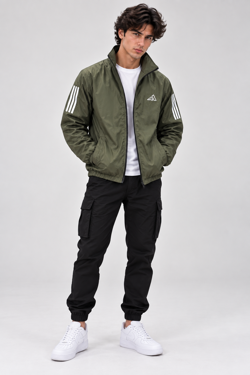 Adi Classic 3-Stripe Olive Green Windbreaker Jacket – Lightweight Full-Zip Sports Jacket
