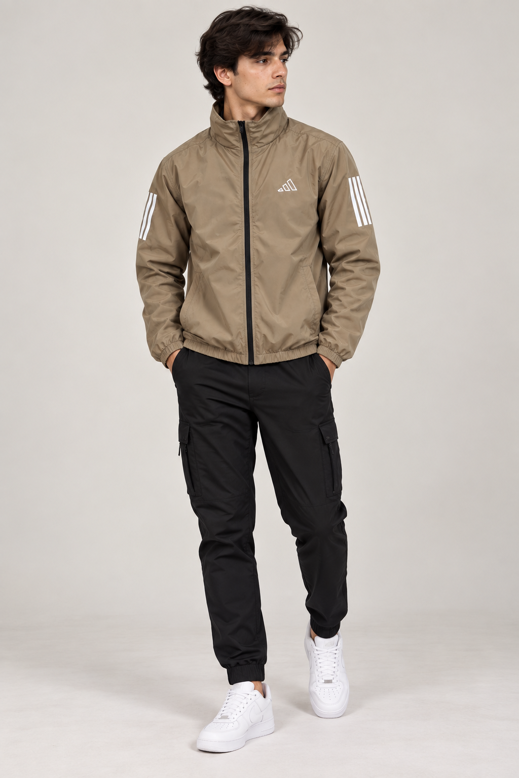 Adi Classic 3-Stripe Beige Windbreaker Jacket – Lightweight Full-Zip Sports Jacket
