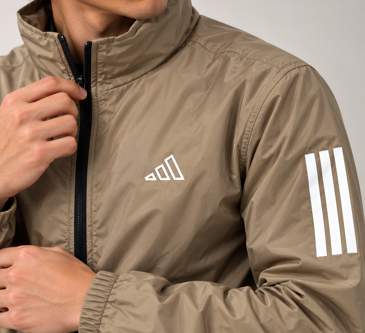 Adi Classic 3-Stripe Beige Windbreaker Jacket – Lightweight Full-Zip Sports Jacket