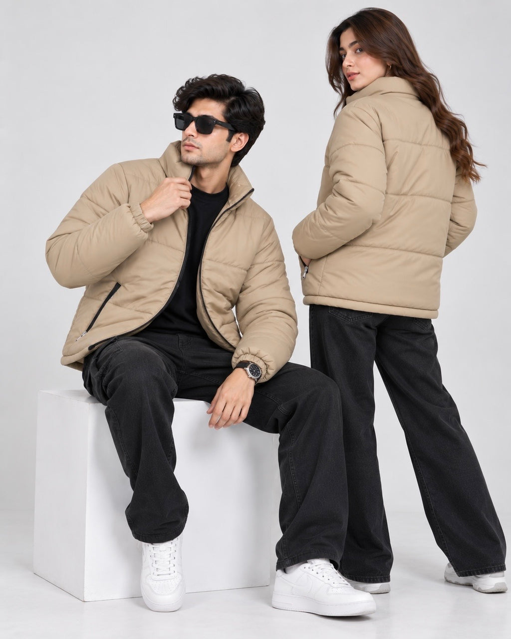 ZR Quilted Beige Puffer Jacket – Unisex Full-Zip Winter Jacket