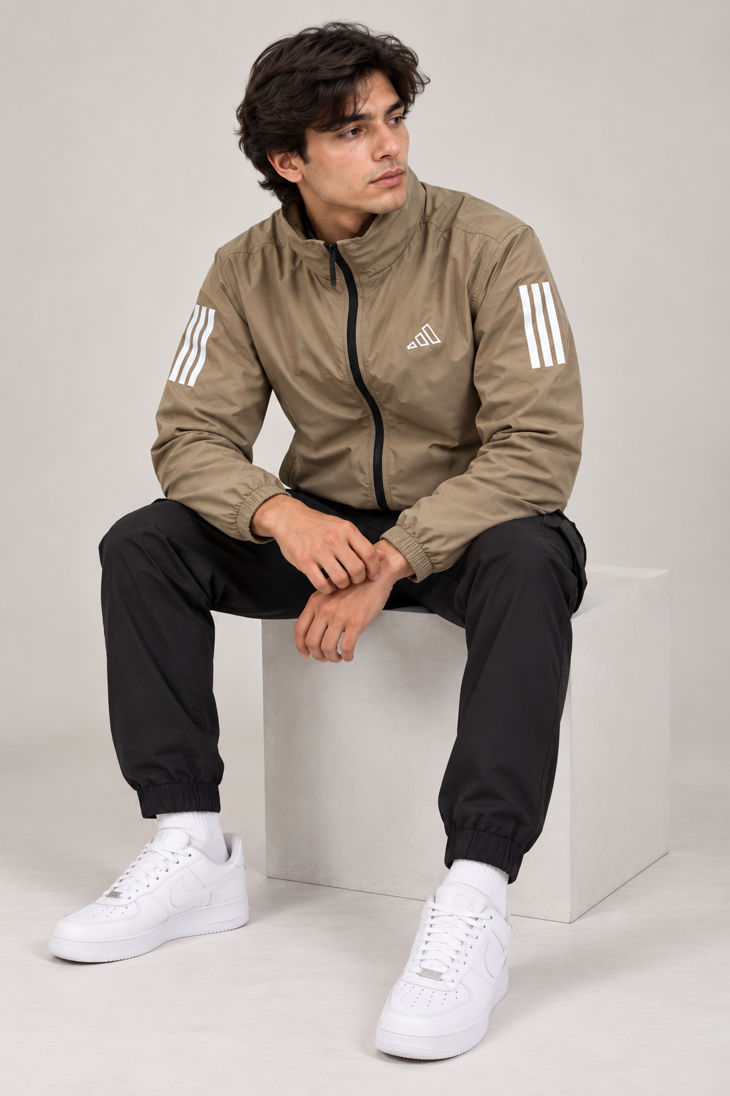 Adi Classic 3-Stripe Beige Windbreaker Jacket – Lightweight Full-Zip Sports Jacket