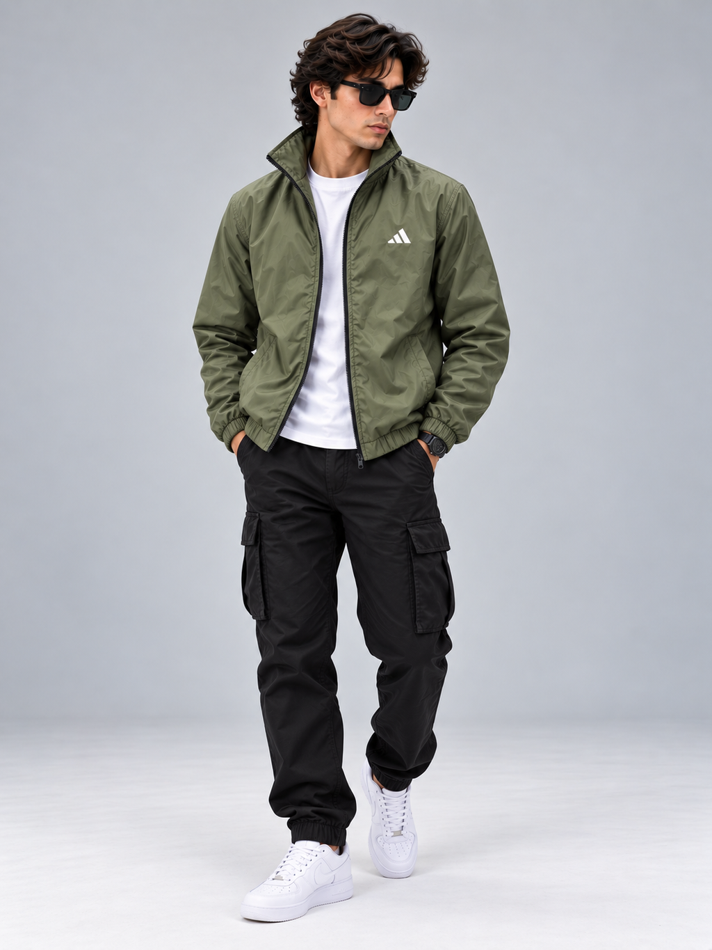 Adi Minimal Back-Stripe Olive Green Windbreaker Jacket – Lightweight Full-Zip Sports Jacket