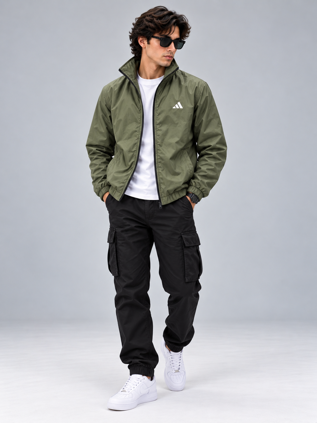 Adi Minimal Back-Stripe Olive Green Windbreaker Jacket – Lightweight Full-Zip Sports Jacket