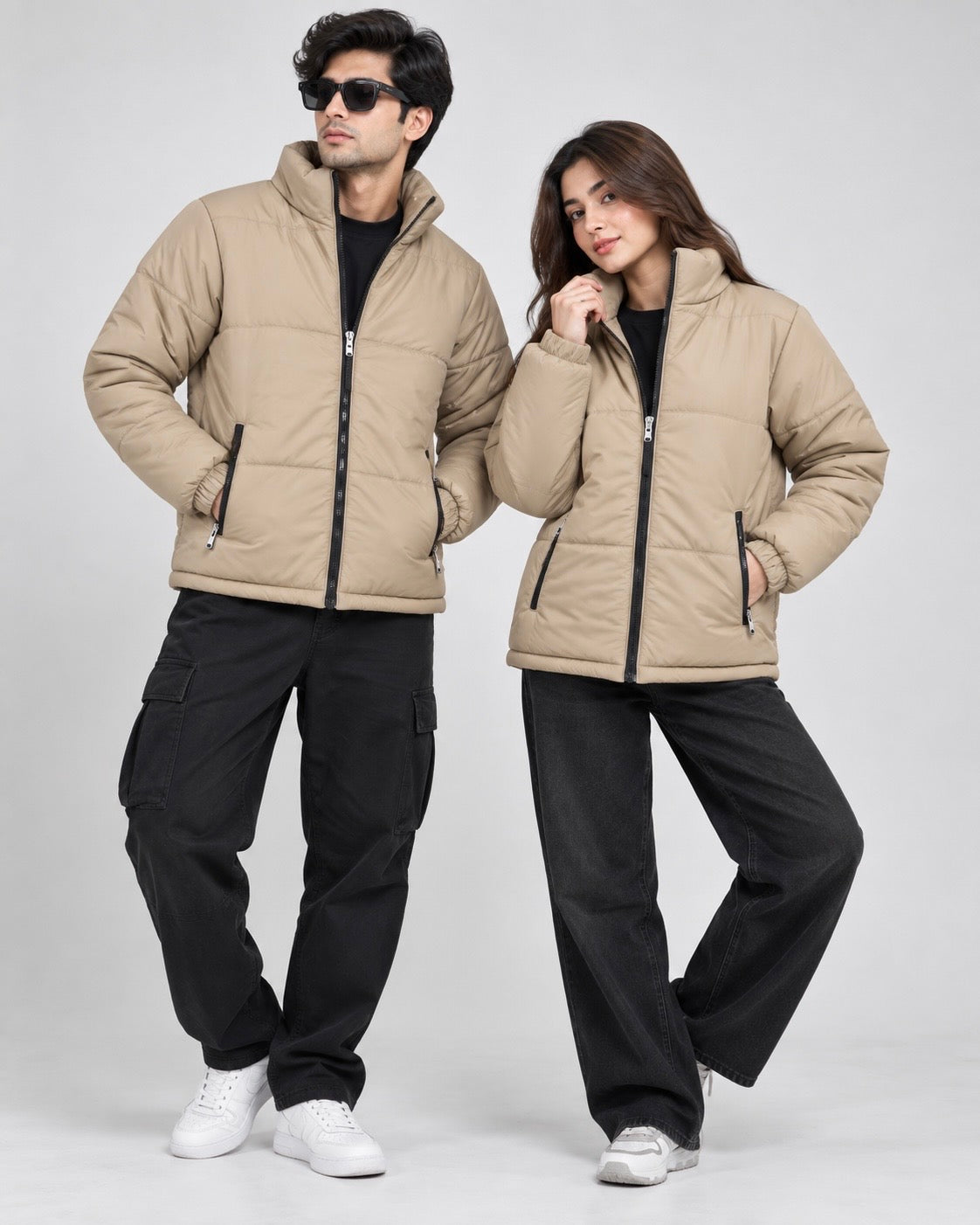 ZR Quilted Beige Puffer Jacket – Unisex Full-Zip Winter Jacket