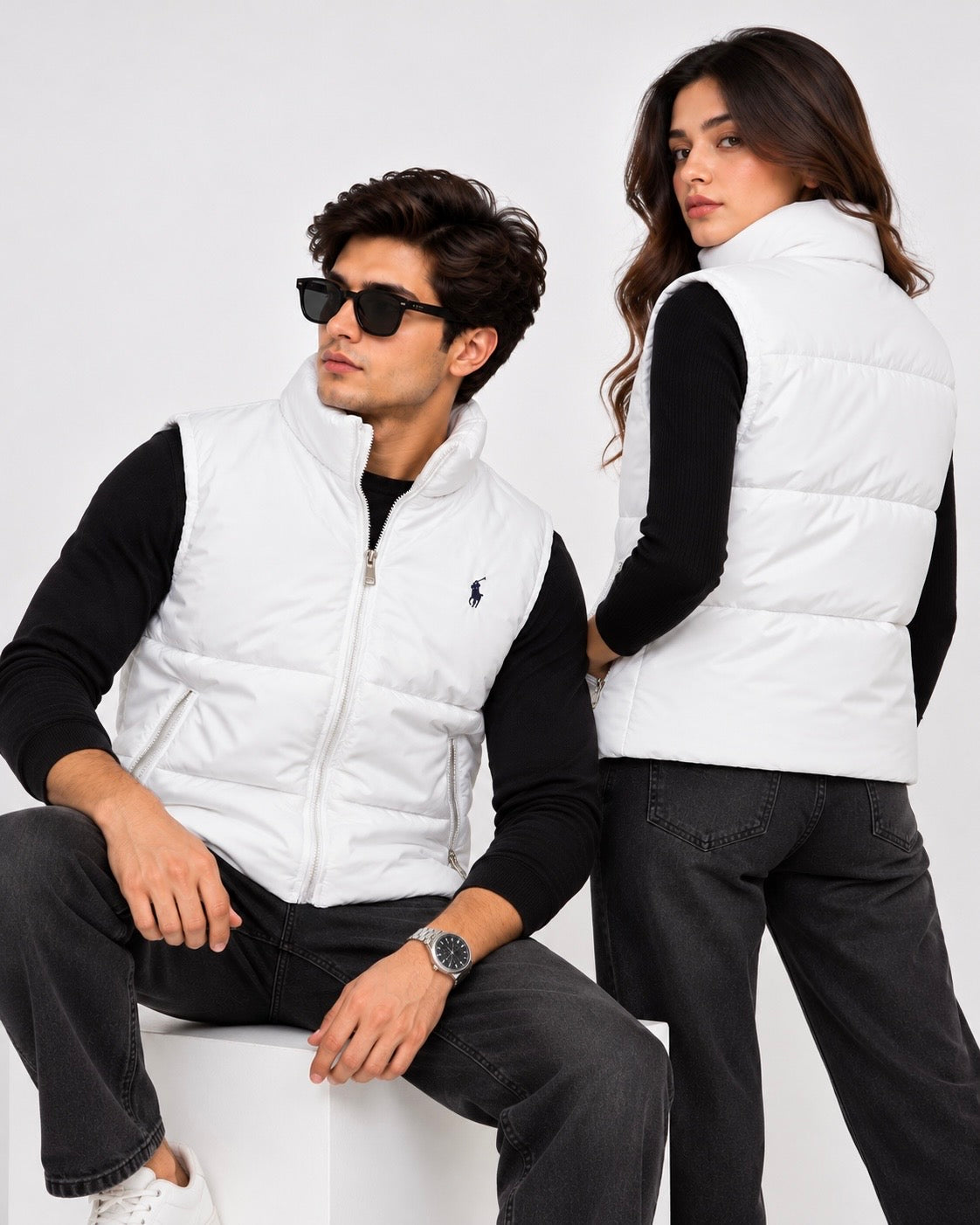 RL White Sleeveless Puffer Vest – Unisex Full-Zip Quilted Vest