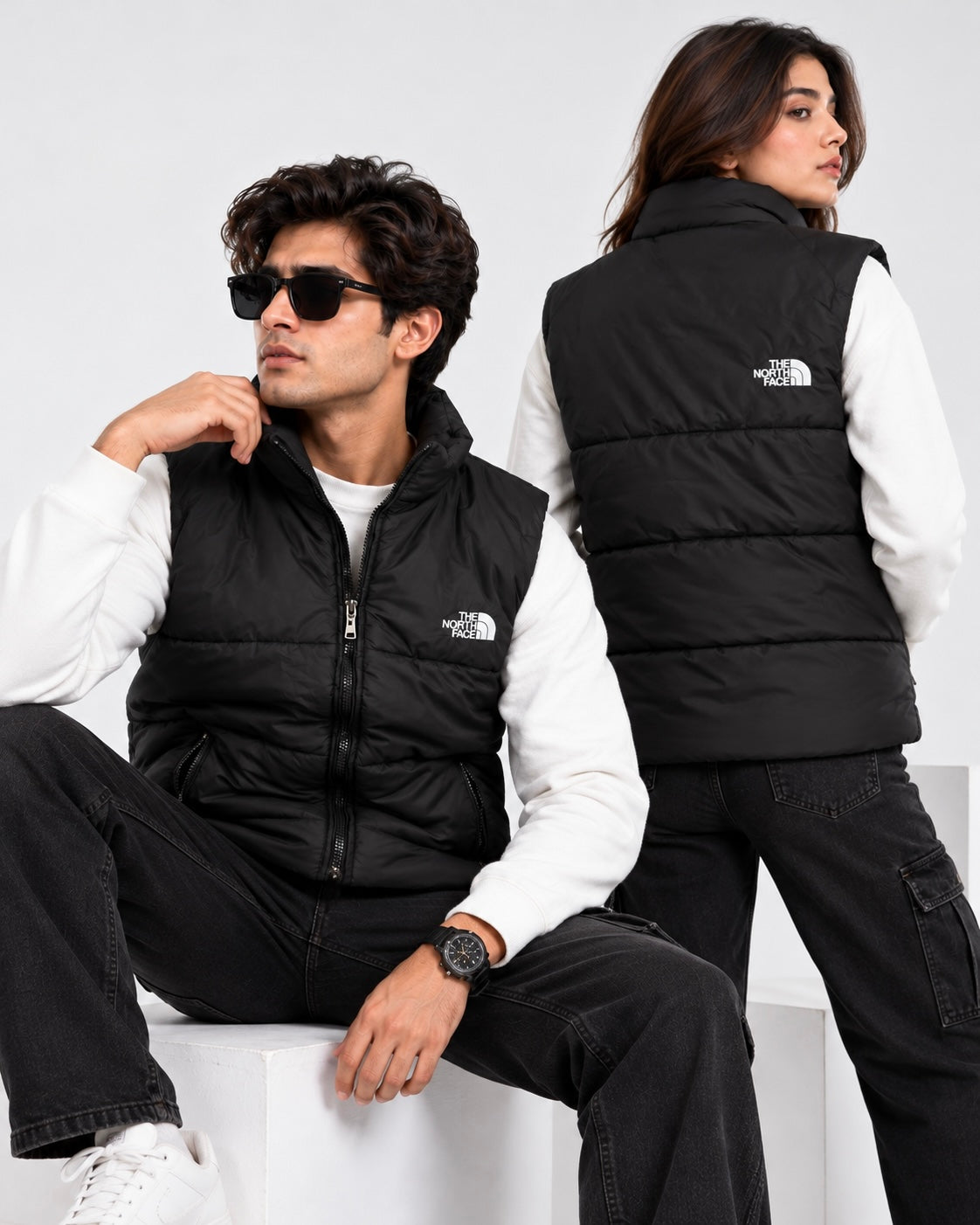 NF Black Sleeveless Puffer Vest – Unisex Full-Zip Winter Vest