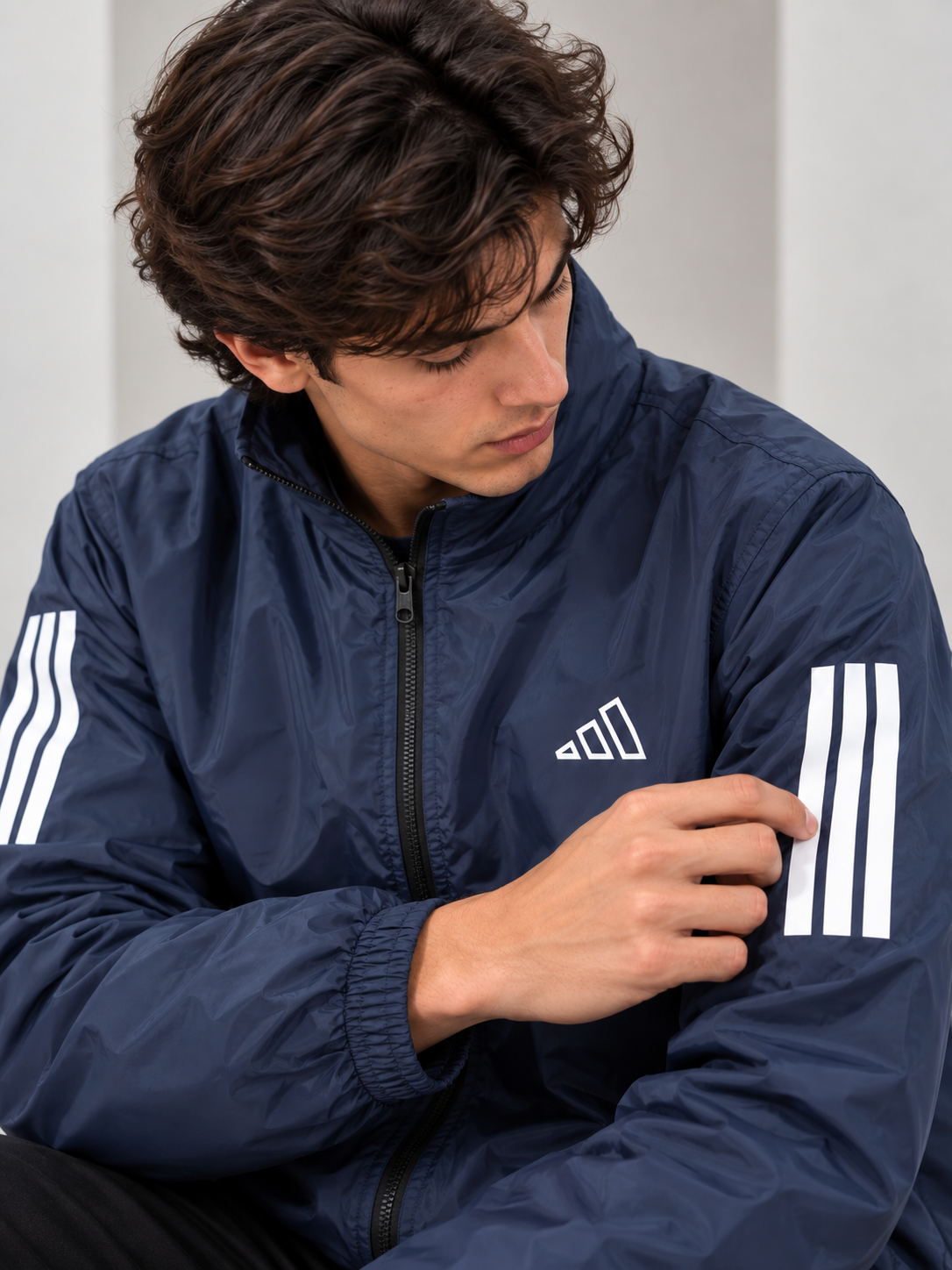 Adi Classic 3-Stripe Navy Blue Windbreaker Jacket – Lightweight Full-Zip Sports Jacket