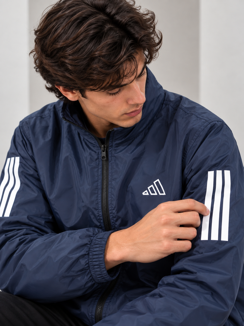 Adi Classic 3-Stripe Navy Blue Windbreaker Jacket – Lightweight Full-Zip Sports Jacket