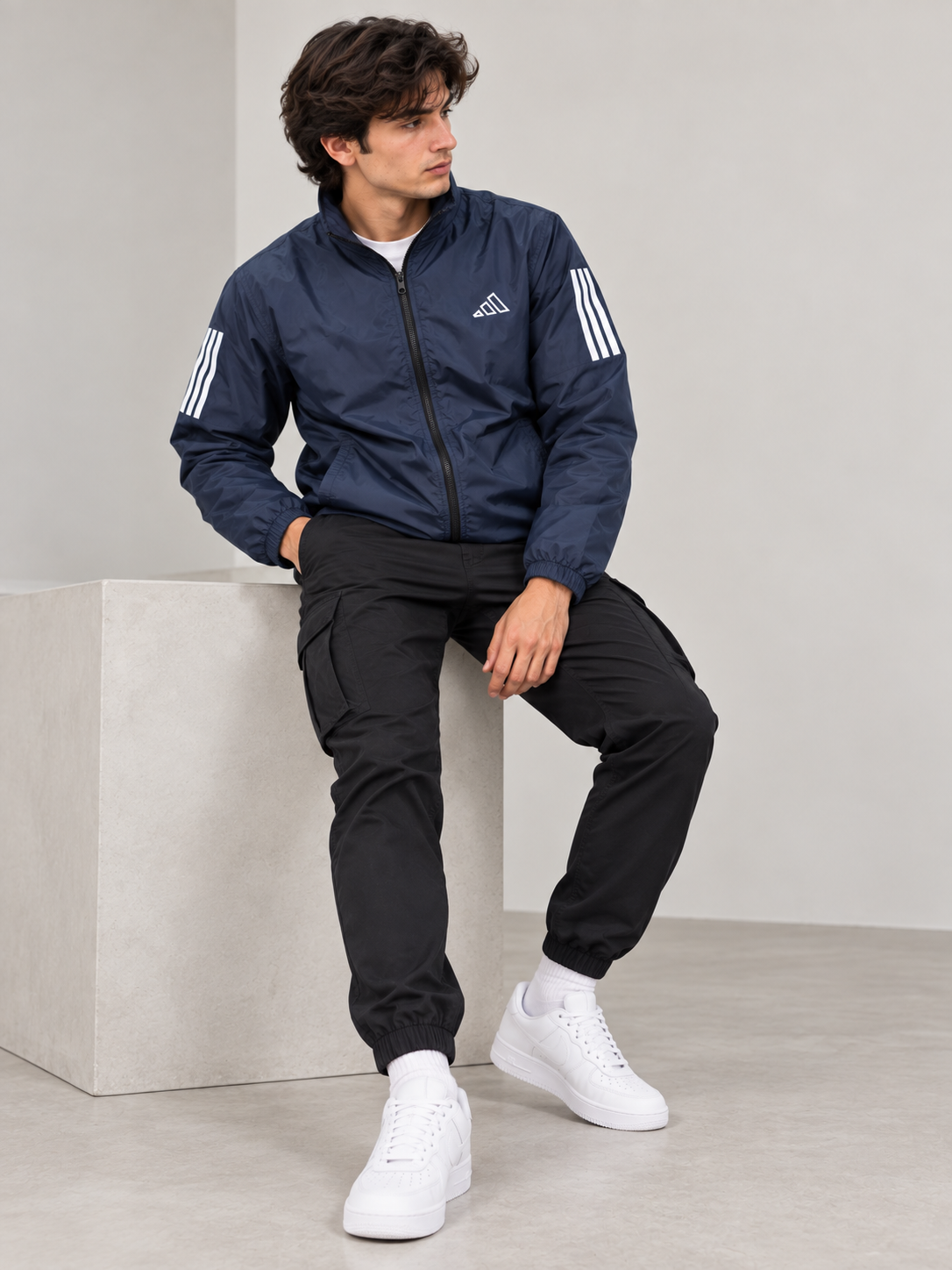 Adi Classic 3-Stripe Navy Blue Windbreaker Jacket – Lightweight Full-Zip Sports Jacket