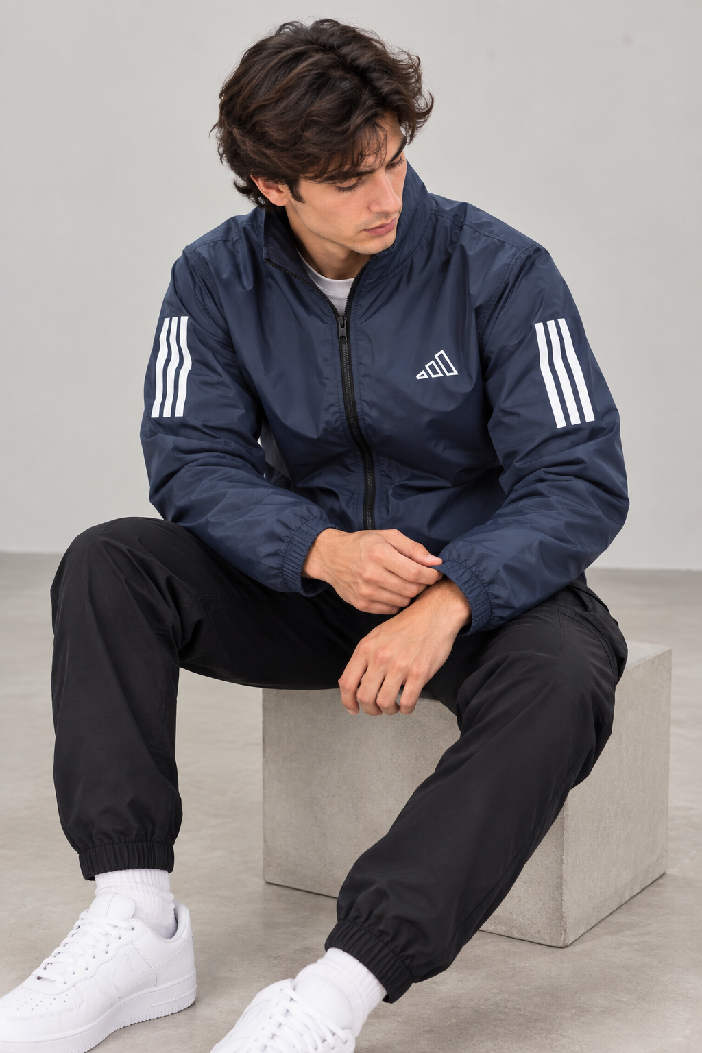 Adi Classic 3-Stripe Navy Blue Windbreaker Jacket – Lightweight Full-Zip Sports Jacket