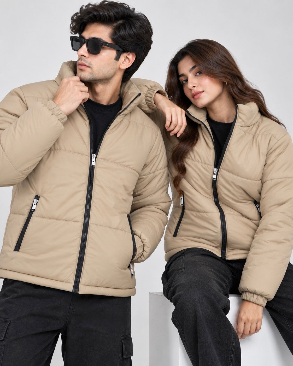 ZR Quilted Beige Puffer Jacket – Unisex Full-Zip Winter Jacket