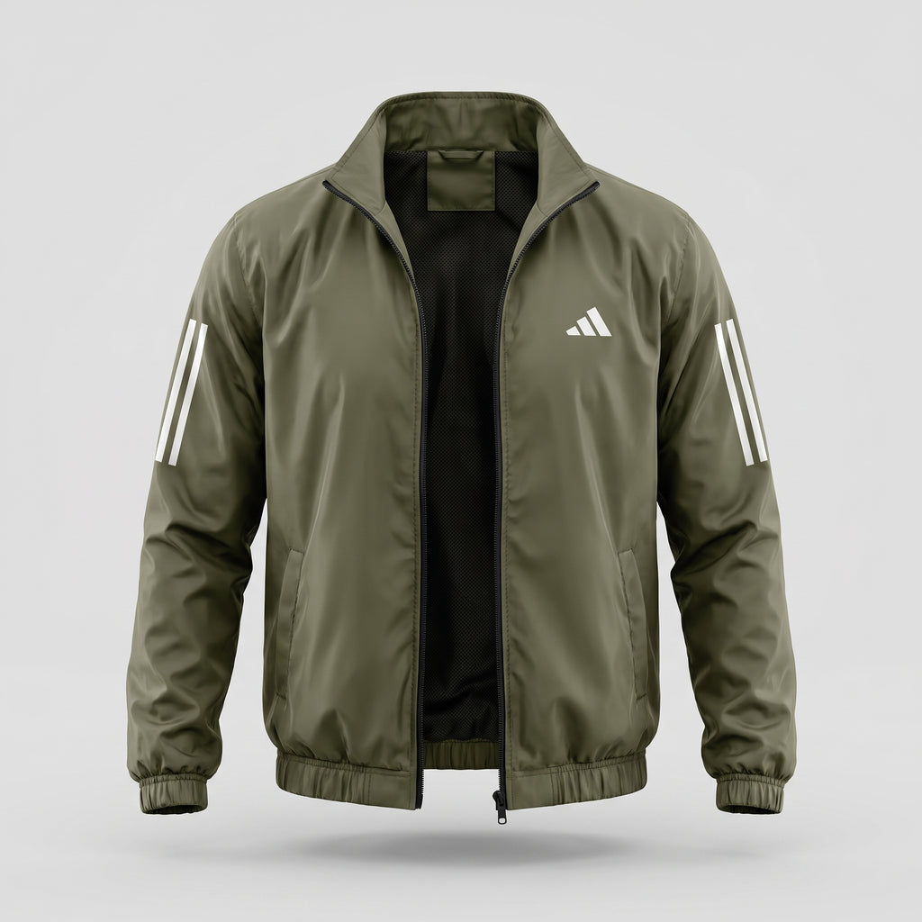 Adi Classic 3-Stripe Olive Green Windbreaker Jacket – Lightweight Full-Zip Sports Jacket