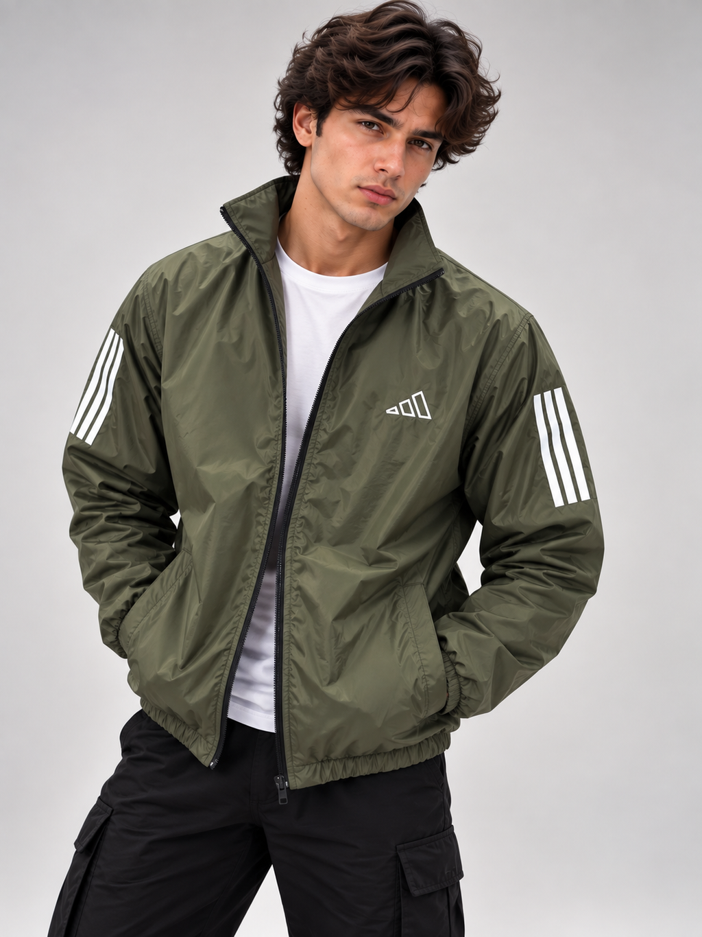 Adi Classic 3-Stripe Olive Green Windbreaker Jacket – Lightweight Full-Zip Sports Jacket