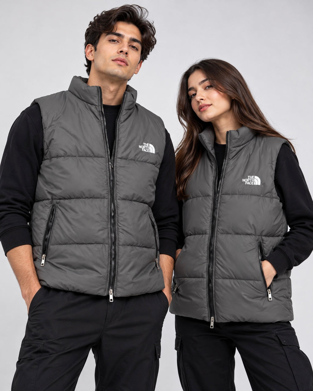 NF Charcoal Grey Sleeveless Puffer Vest – Unisex Full-Zip Winter Vest