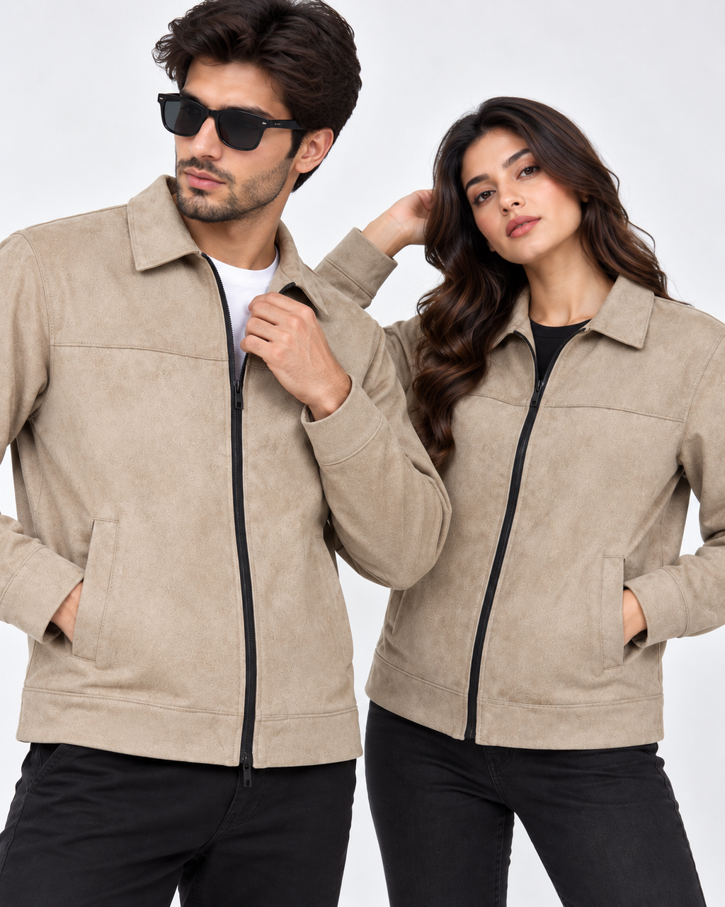 Beige Suede Jacket – Unisex Zip-Up Collared Jacket