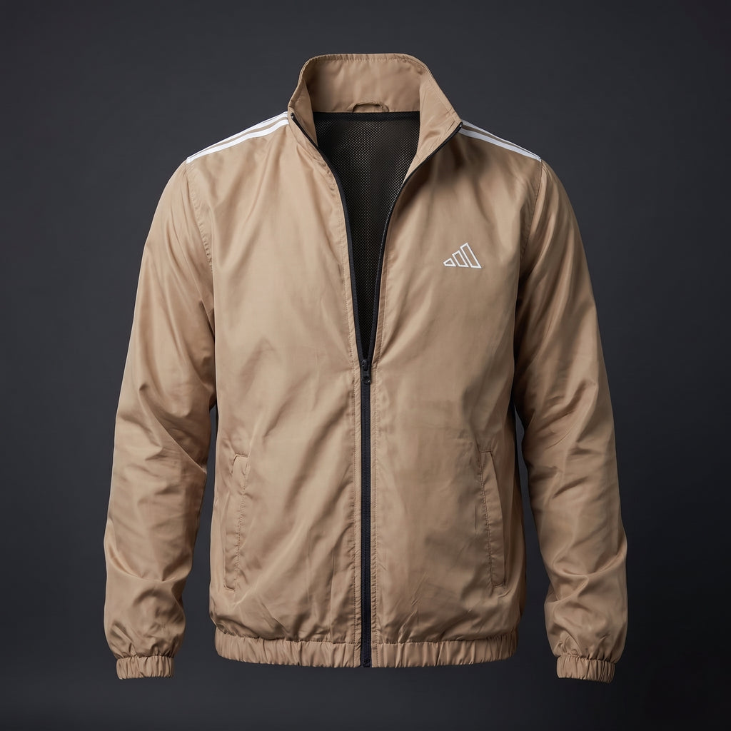 Adi Shoulder 3-Stripe Beige Windbreaker Jacket – Lightweight Full-Zip Sports Jacket