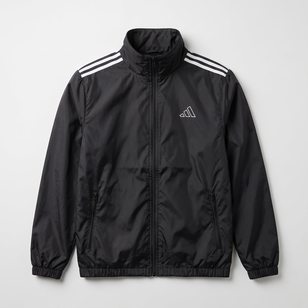 Adi Shoulder 3-Stripe Black Windbreaker Jacket – Lightweight Full-Zip Sports Jacket
