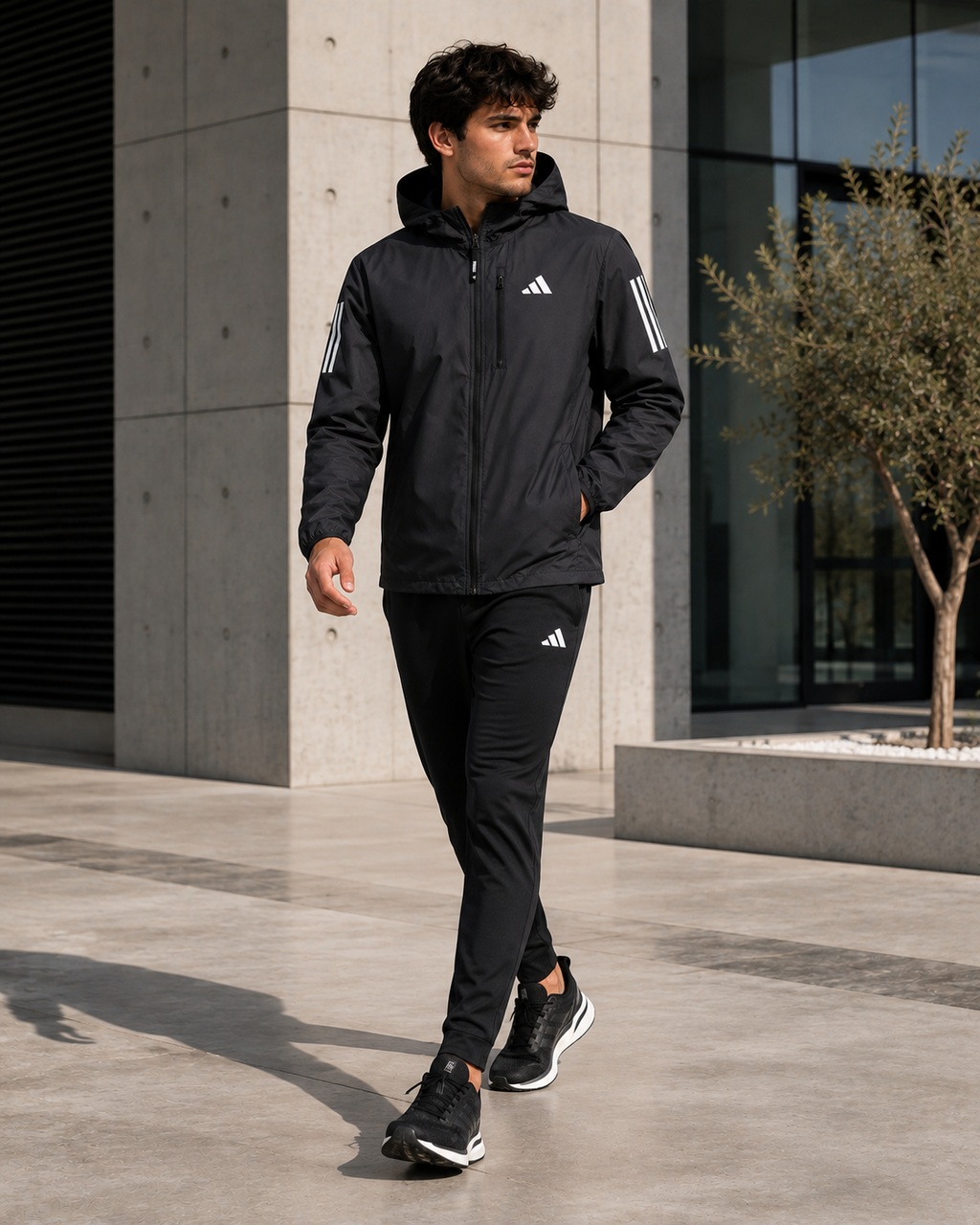 Adidas Men's Black Hooded Windbreaker Jacket | Lightweight Zip-Up