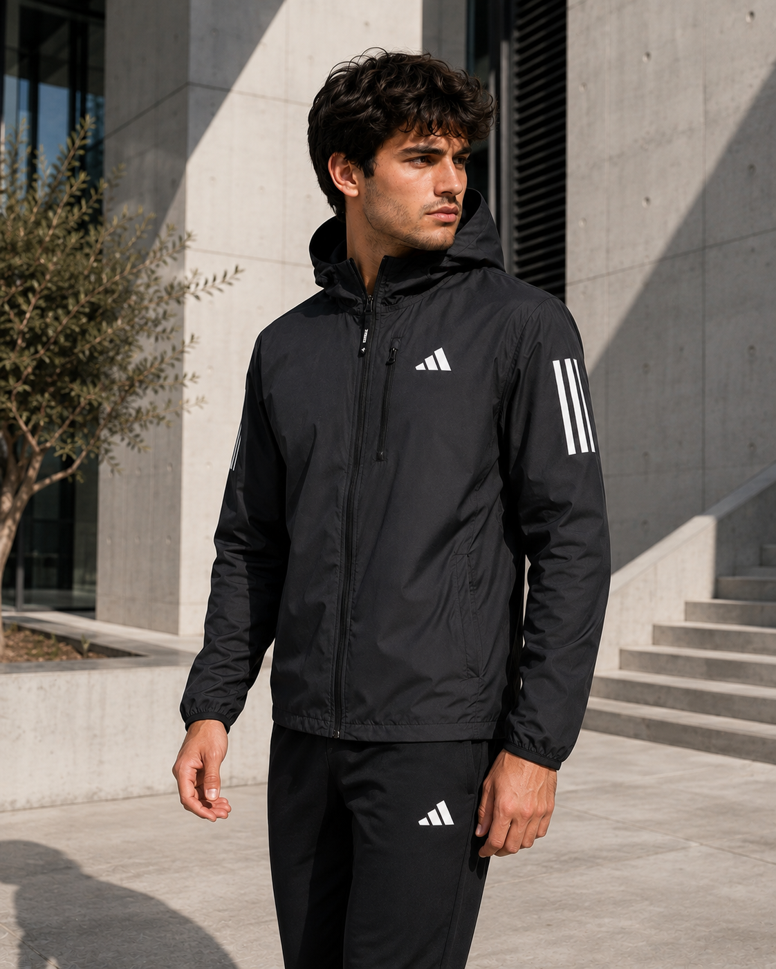 Adidas men's black hooded lightweight windbreaker jacket featuring a full zip front, chest logo, and signature three-stripe sleeve detailing.