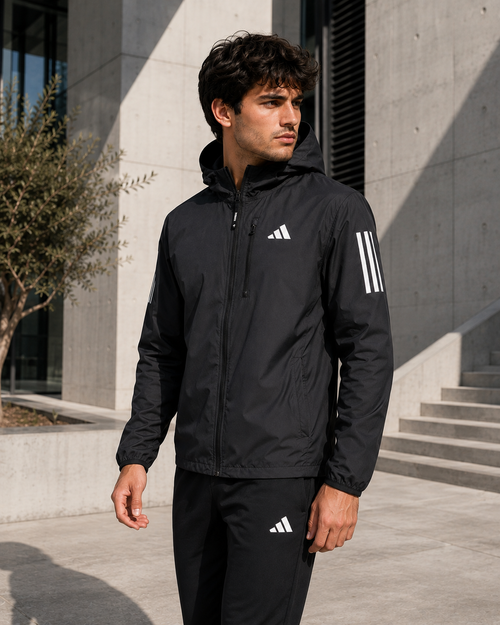 Adidas men's black hooded lightweight windbreaker jacket featuring a full zip front, chest logo, and signature three-stripe sleeve detailing.