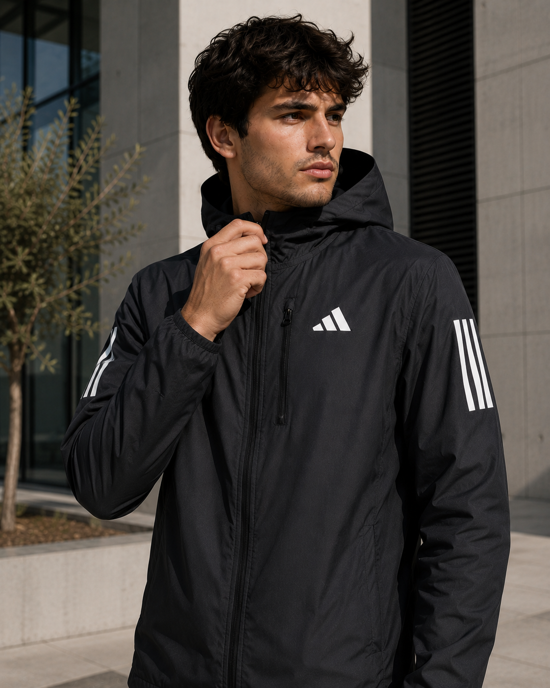 Adidas Men's Black Hooded Windbreaker Jacket | Lightweight Zip-Up