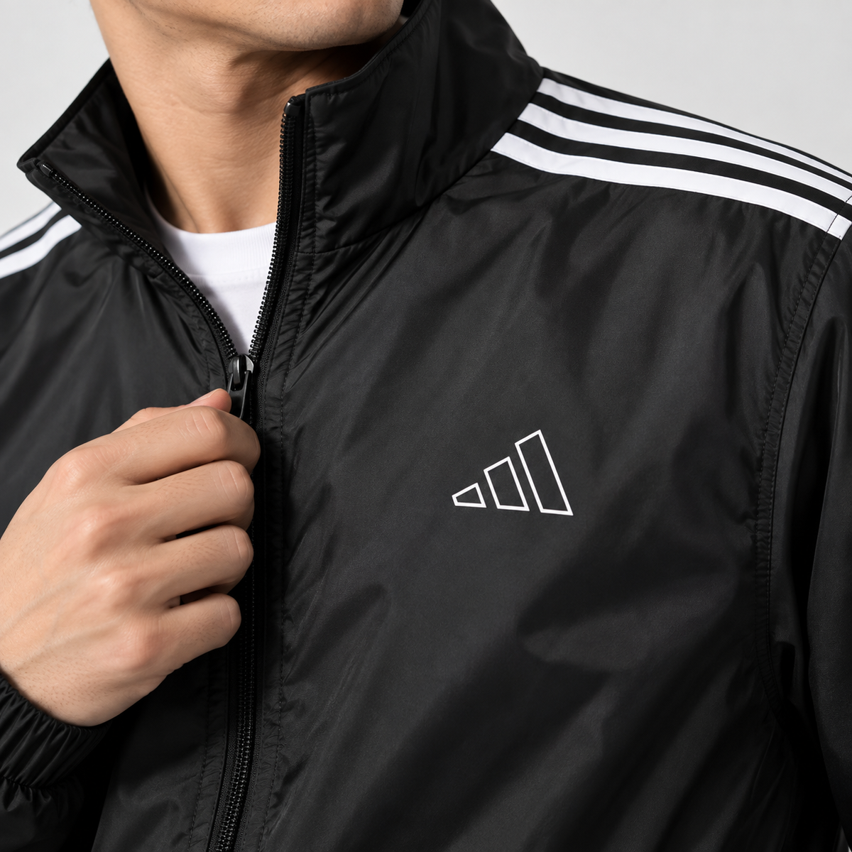 Adi Shoulder 3-Stripe Black Windbreaker Jacket – Lightweight Full-Zip Sports Jacket