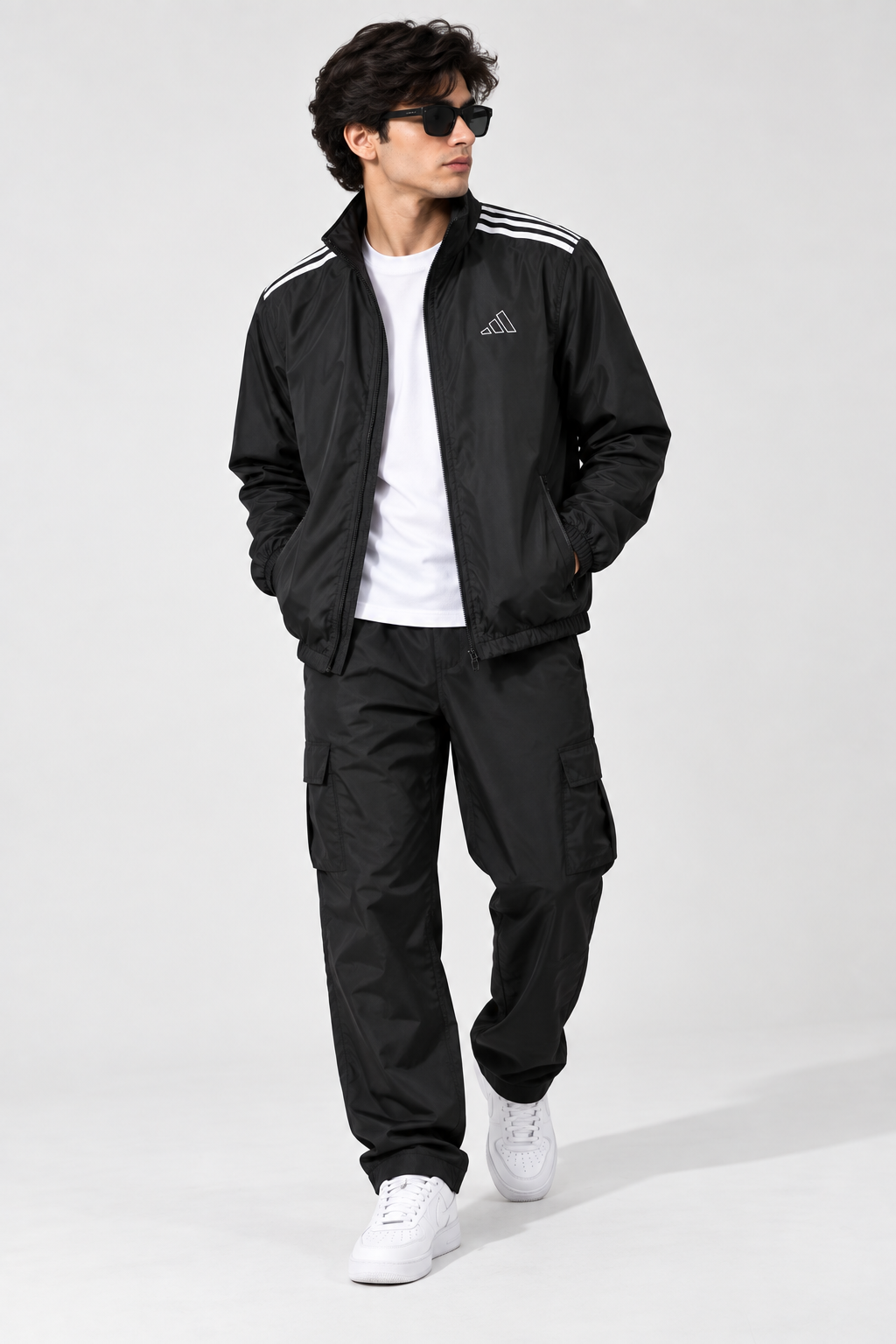 Adi Shoulder 3-Stripe Black Windbreaker Jacket – Lightweight Full-Zip Sports Jacket