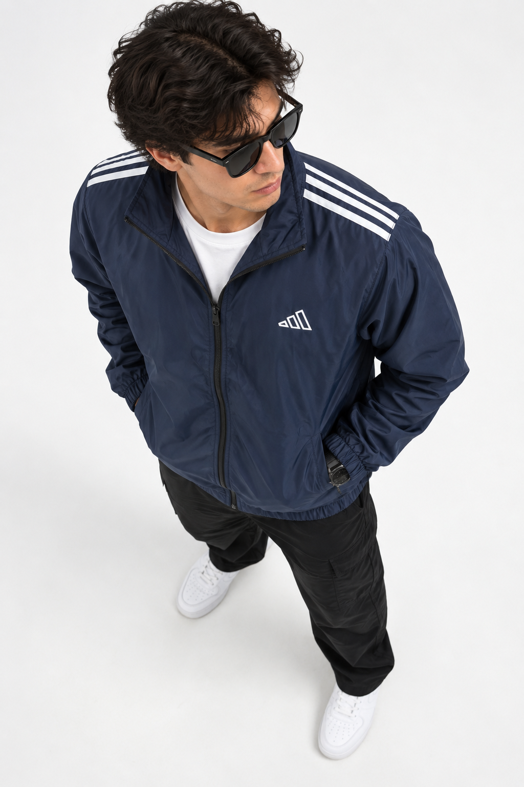 Adi Shoulder 3-Stripe Navy Blue Windbreaker Jacket – Lightweight Full-Zip Sports Jacket