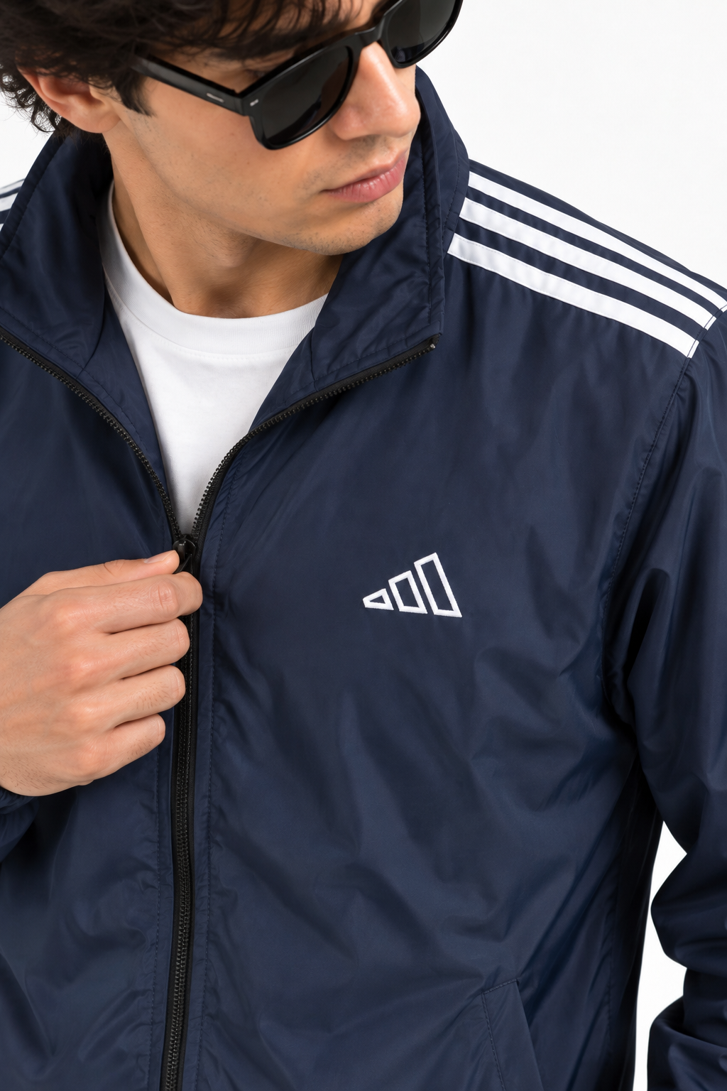 Adi Shoulder 3-Stripe Navy Blue Windbreaker Jacket – Lightweight Full-Zip Sports Jacket