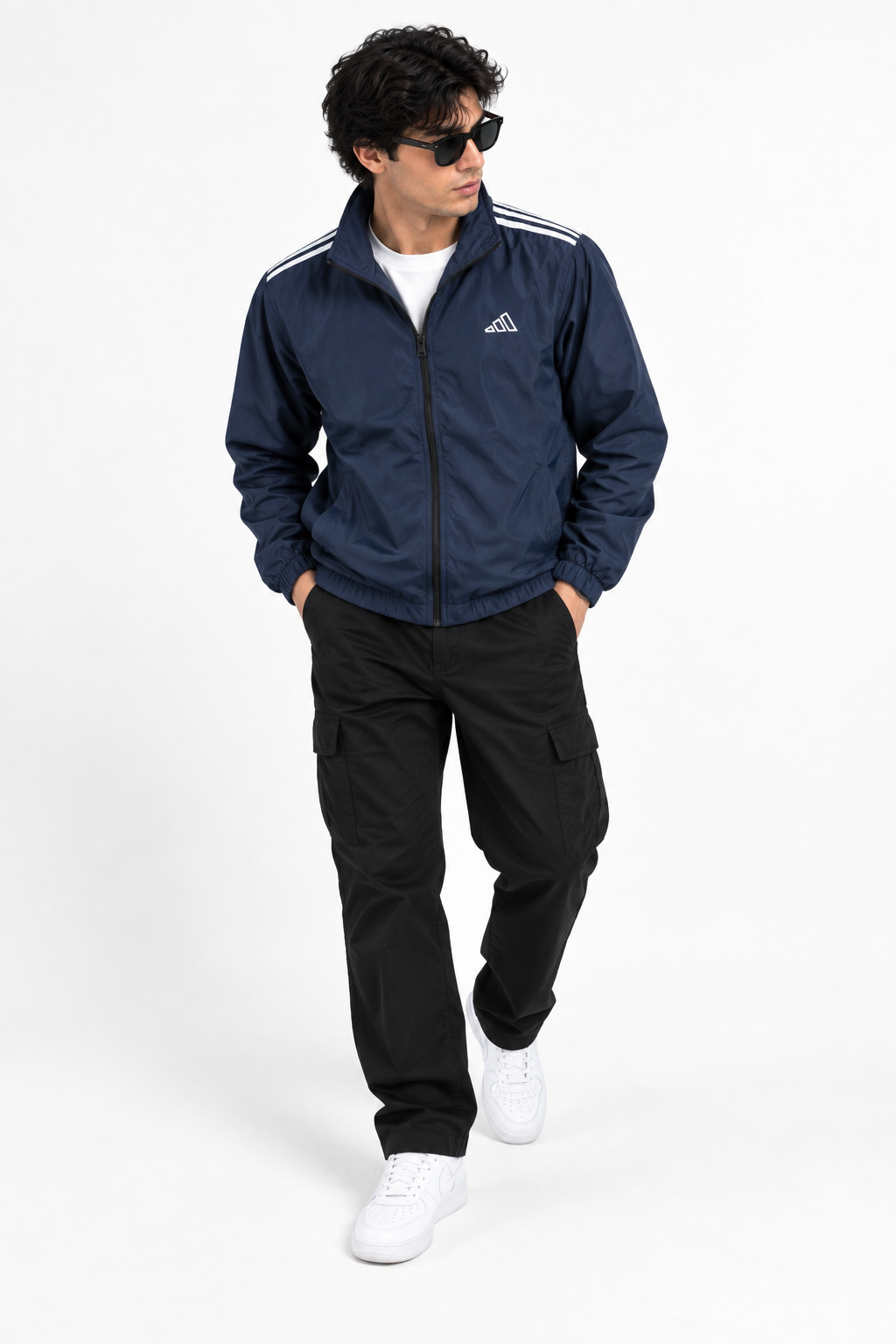 Adi Shoulder 3-Stripe Navy Blue Windbreaker Jacket – Lightweight Full-Zip Sports Jacket