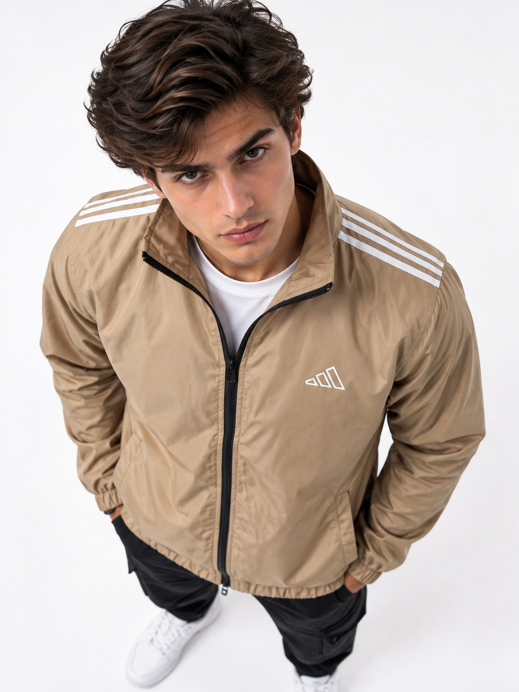 Adi Shoulder 3-Stripe Beige Windbreaker Jacket – Lightweight Full-Zip Sports Jacket