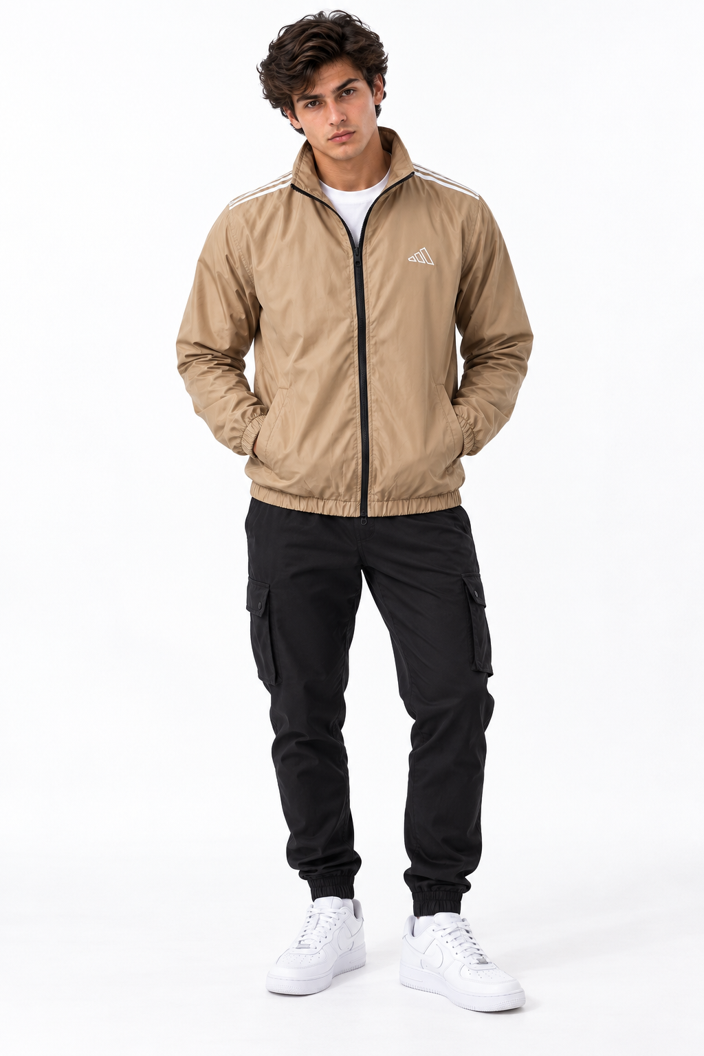 Adi Shoulder 3-Stripe Beige Windbreaker Jacket – Lightweight Full-Zip Sports Jacket