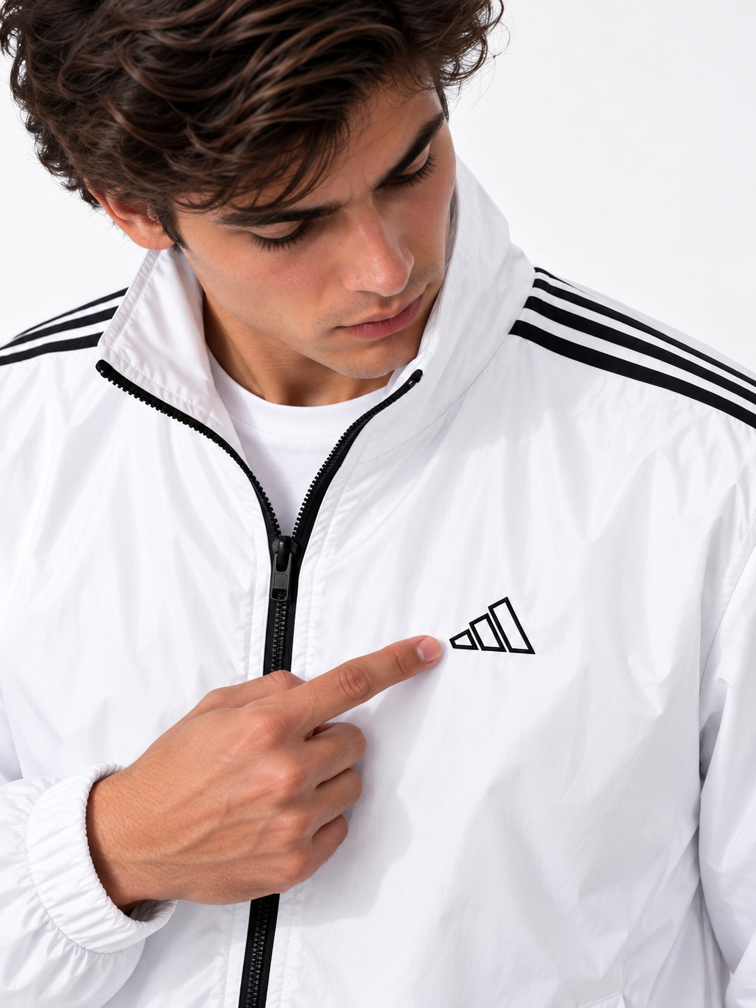 Adi Shoulder 3-Stripe White Windbreaker Jacket – Lightweight Full-Zip Sports Jacket