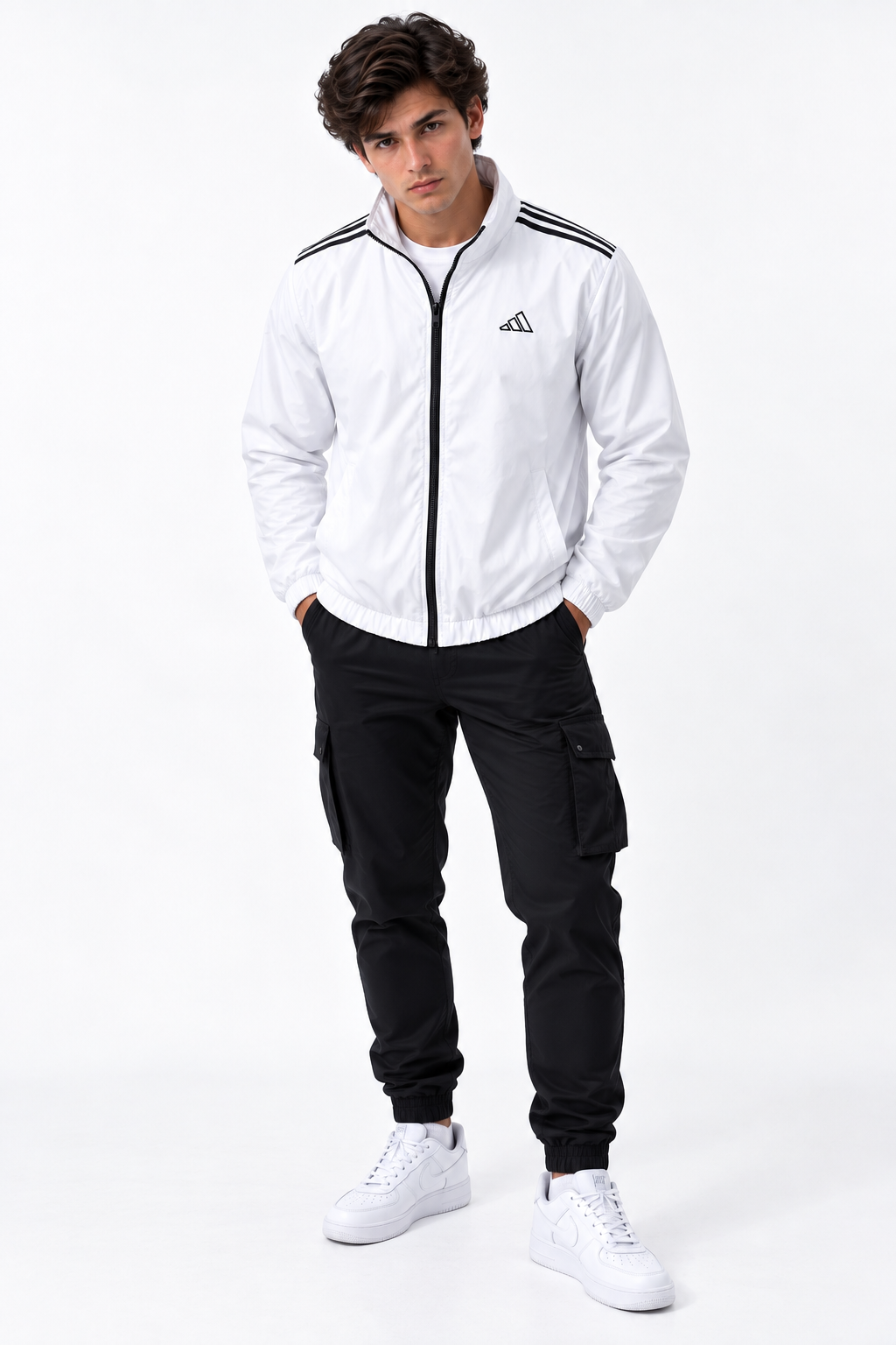 Adi Shoulder 3-Stripe White Windbreaker Jacket – Lightweight Full-Zip Sports Jacket