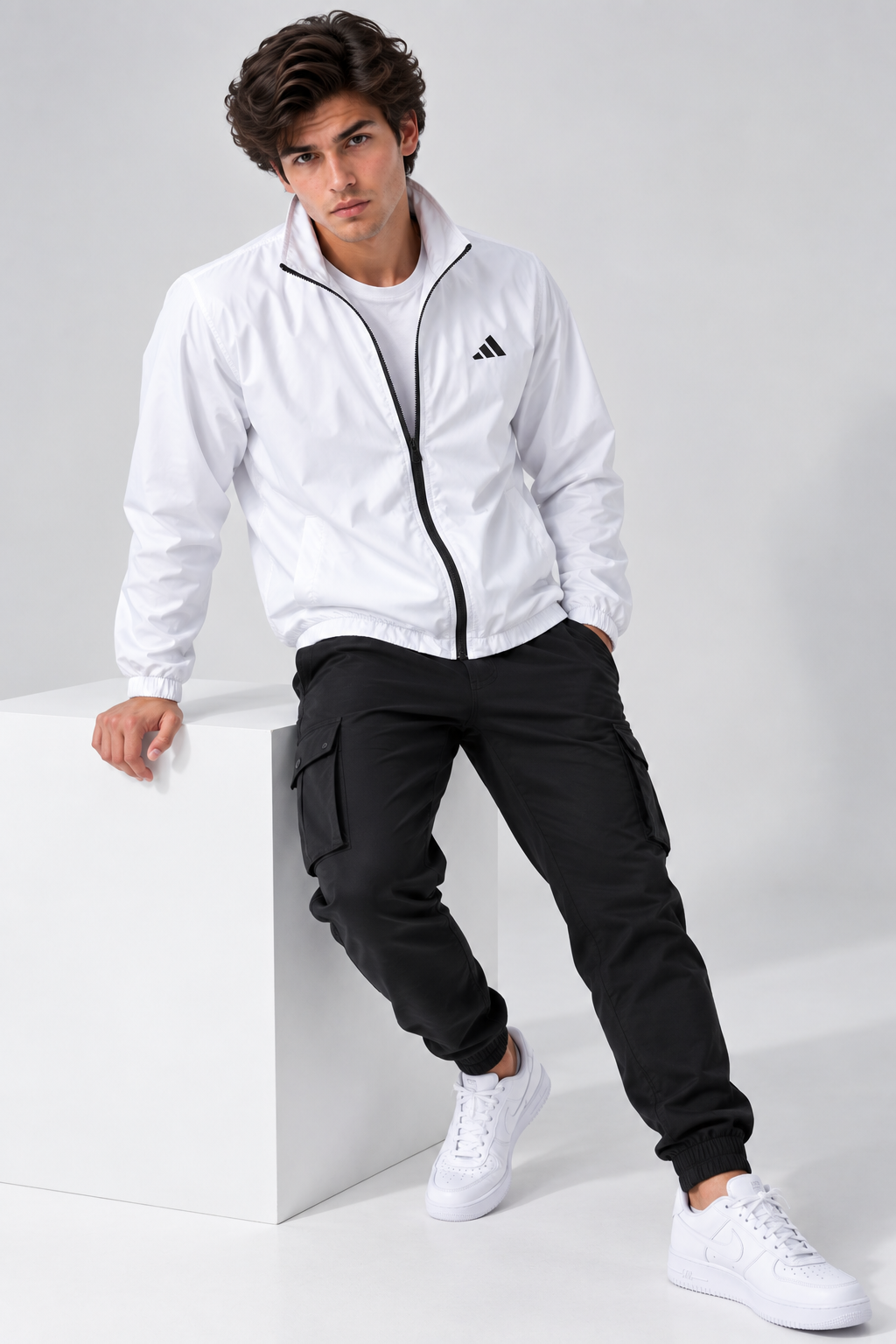 Adi Minimal Back-Stripe White Lightweight Windbreaker Jacket – Full-Zip Sports Jacket