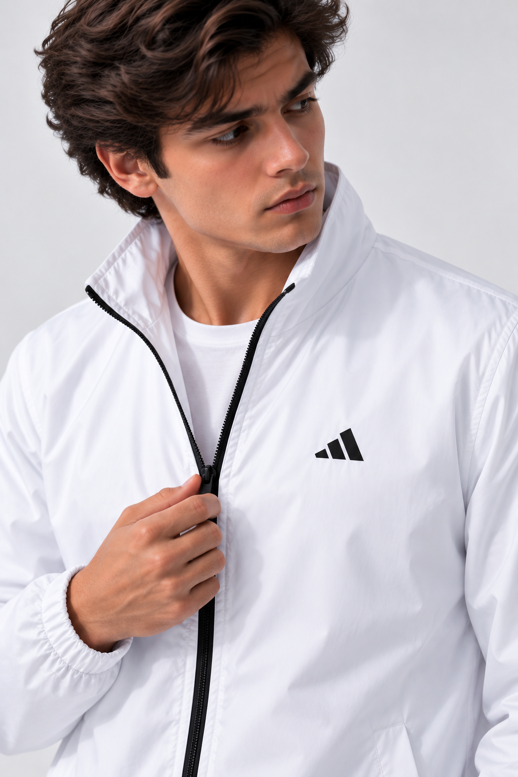Adi Minimal Back-Stripe White Lightweight Windbreaker Jacket – Full-Zip Sports Jacket