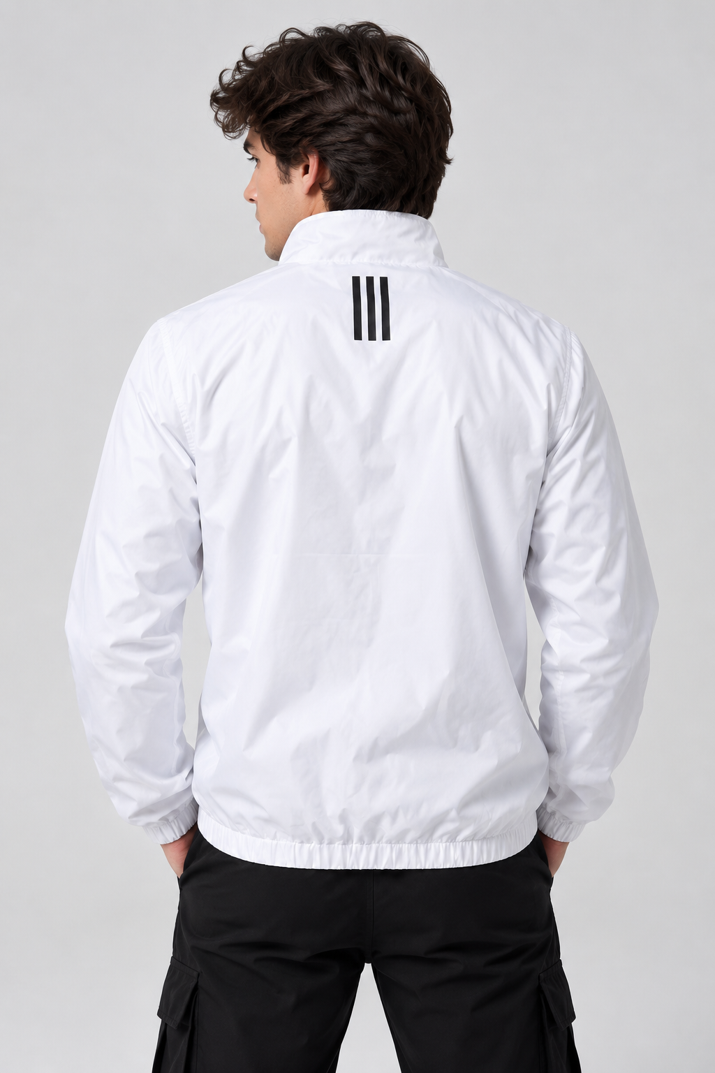 Adi Minimal Back-Stripe White Lightweight Windbreaker Jacket – Full-Zip Sports Jacket