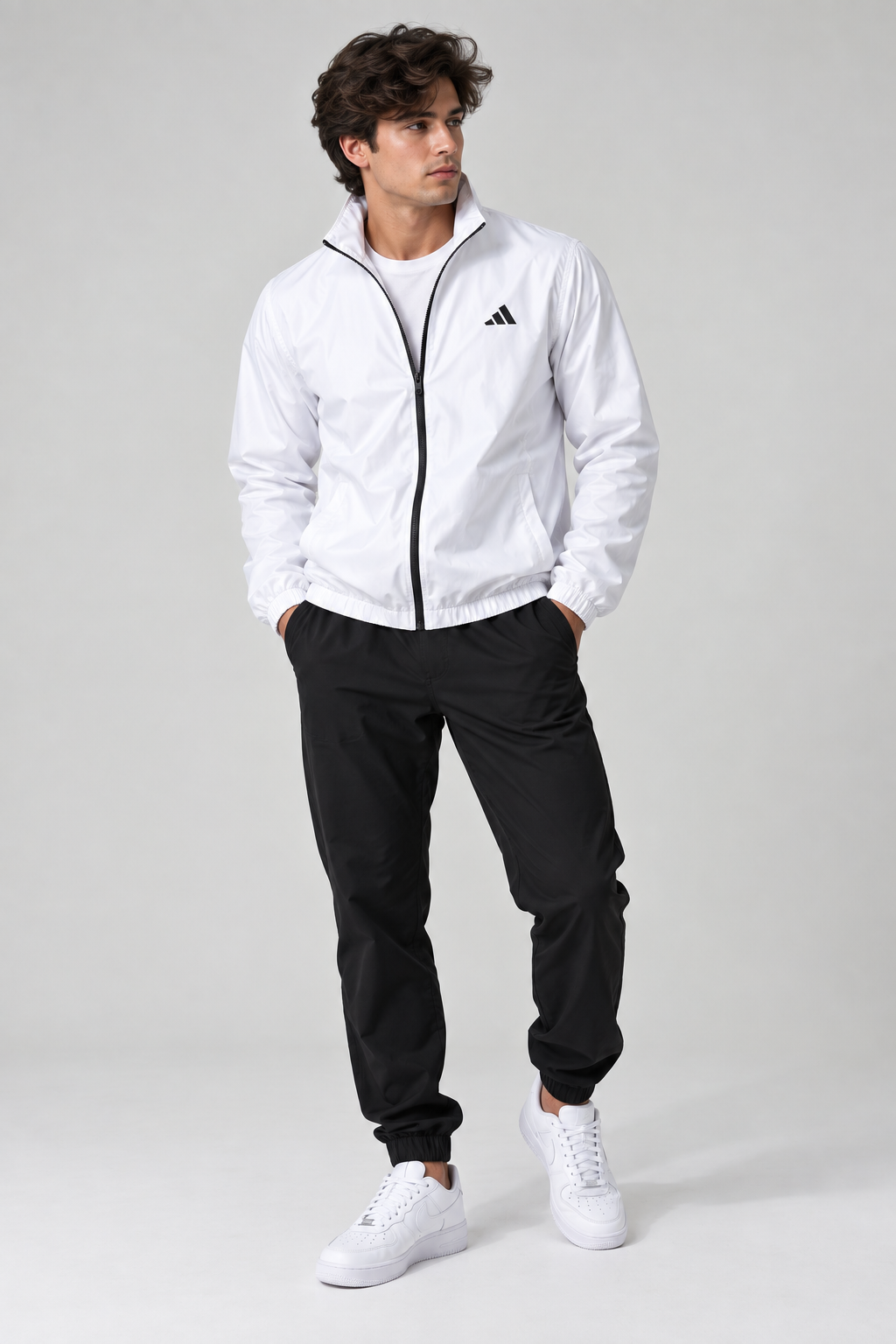 Adi Minimal Back-Stripe White Lightweight Windbreaker Jacket – Full-Zip Sports Jacket