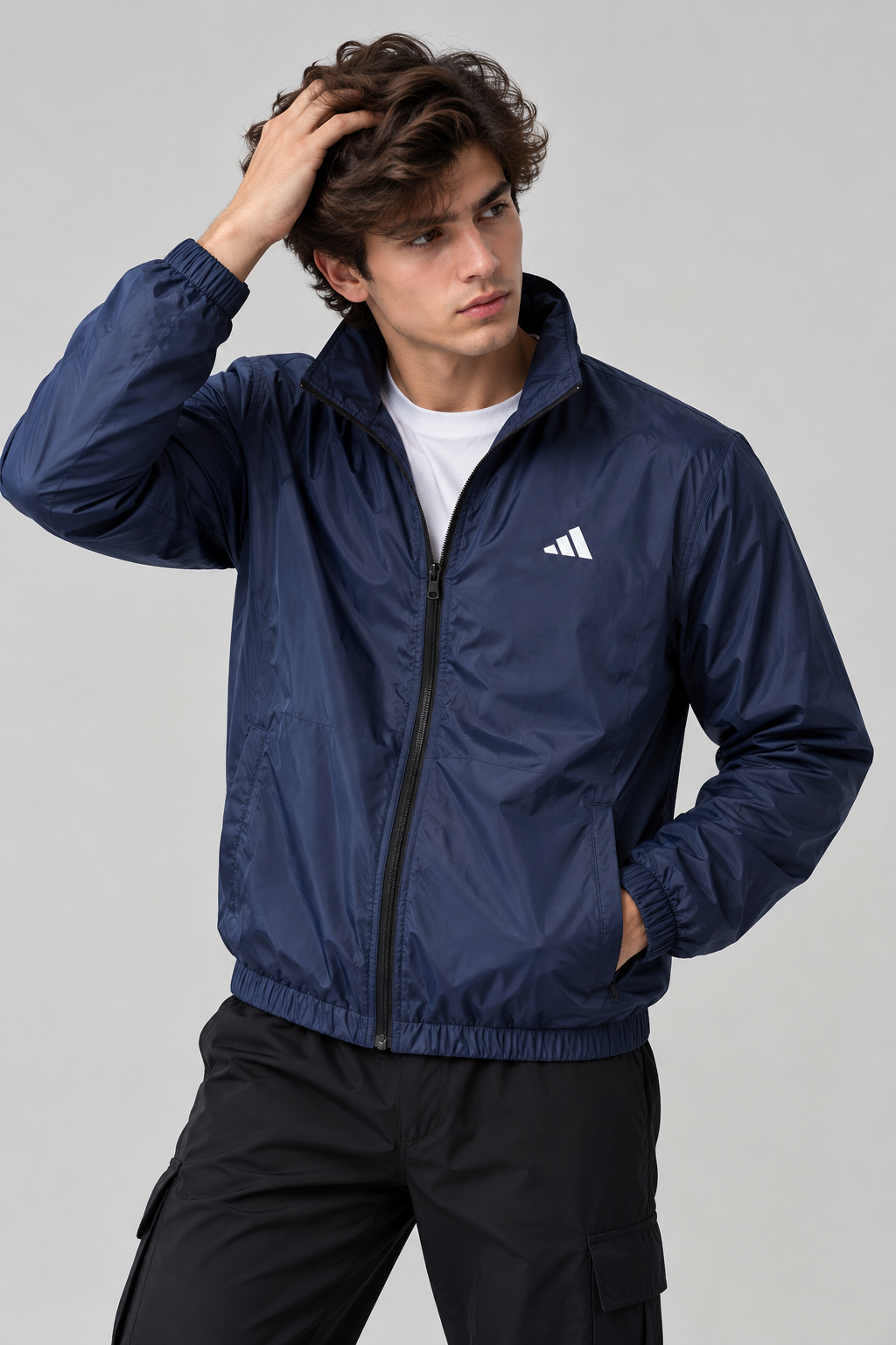 Adi Minimal Back-Stripe Navy Blue Windbreaker Jacket – Lightweight Full-Zip Sports Jacket