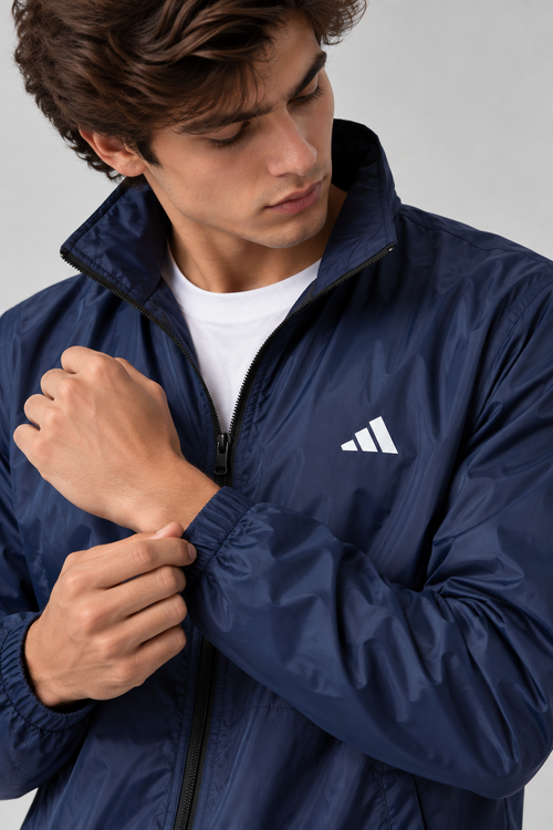 Adi Minimal Back-Stripe Navy Blue Windbreaker Jacket – Lightweight Full-Zip Sports Jacket
