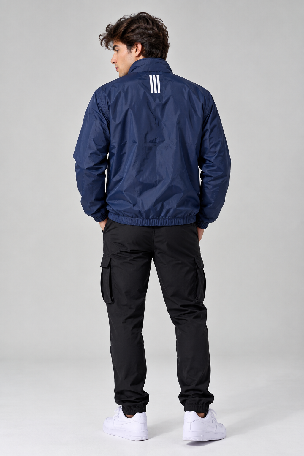 Adi Minimal Back-Stripe Navy Blue Windbreaker Jacket – Lightweight Full-Zip Sports Jacket