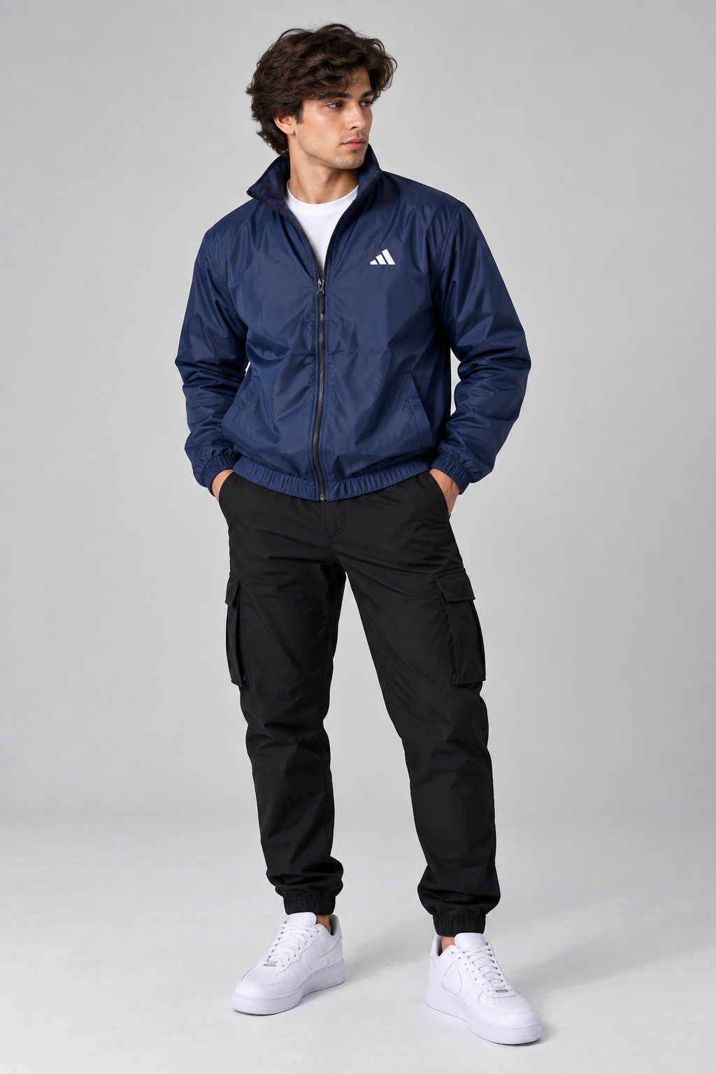 Adi Minimal Back-Stripe Navy Blue Windbreaker Jacket – Lightweight Full-Zip Sports Jacket