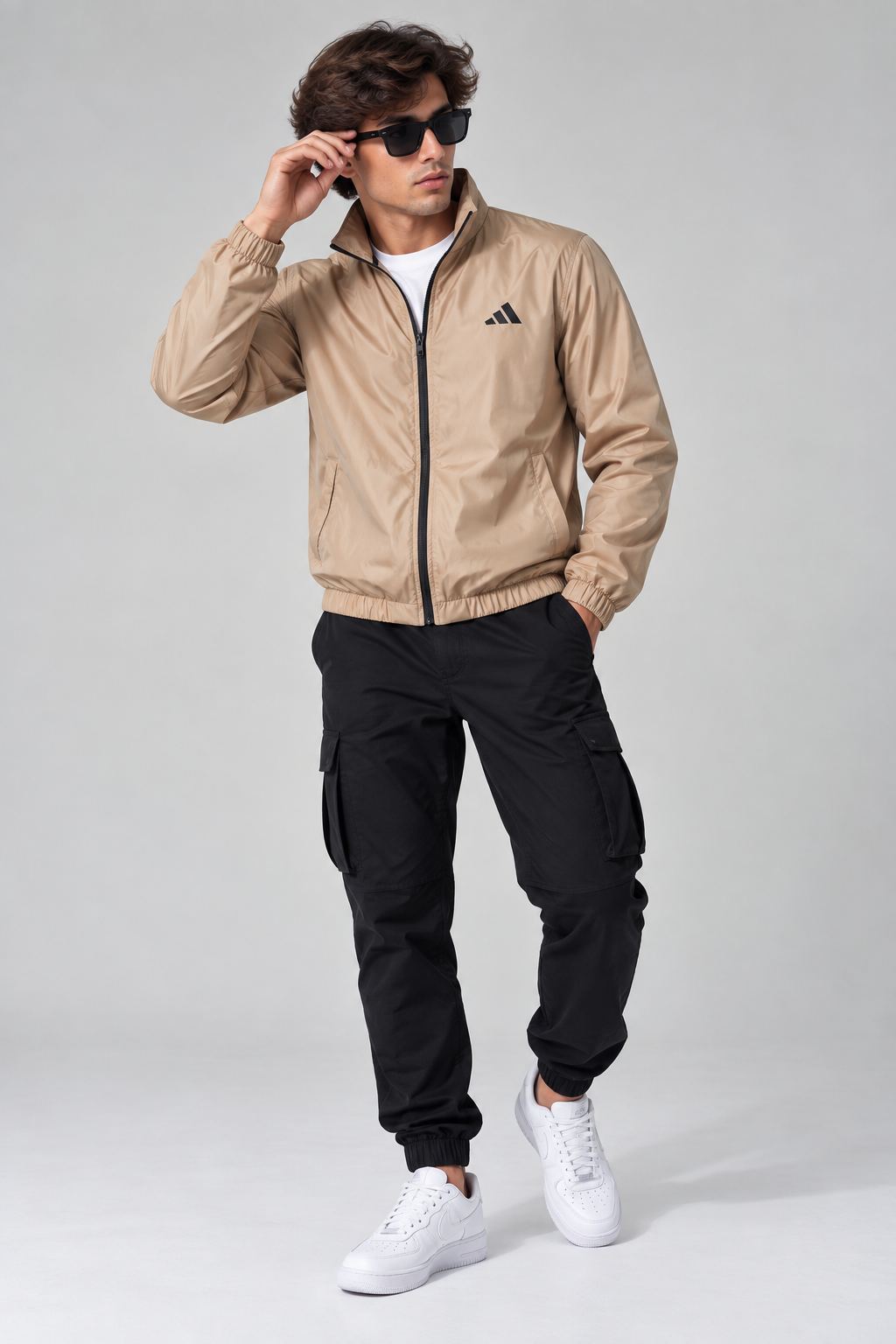 Adi Minimal Back-Stripe Beige Lightweight Windbreaker Jacket – Full-Zip Casual Sports Jacket
