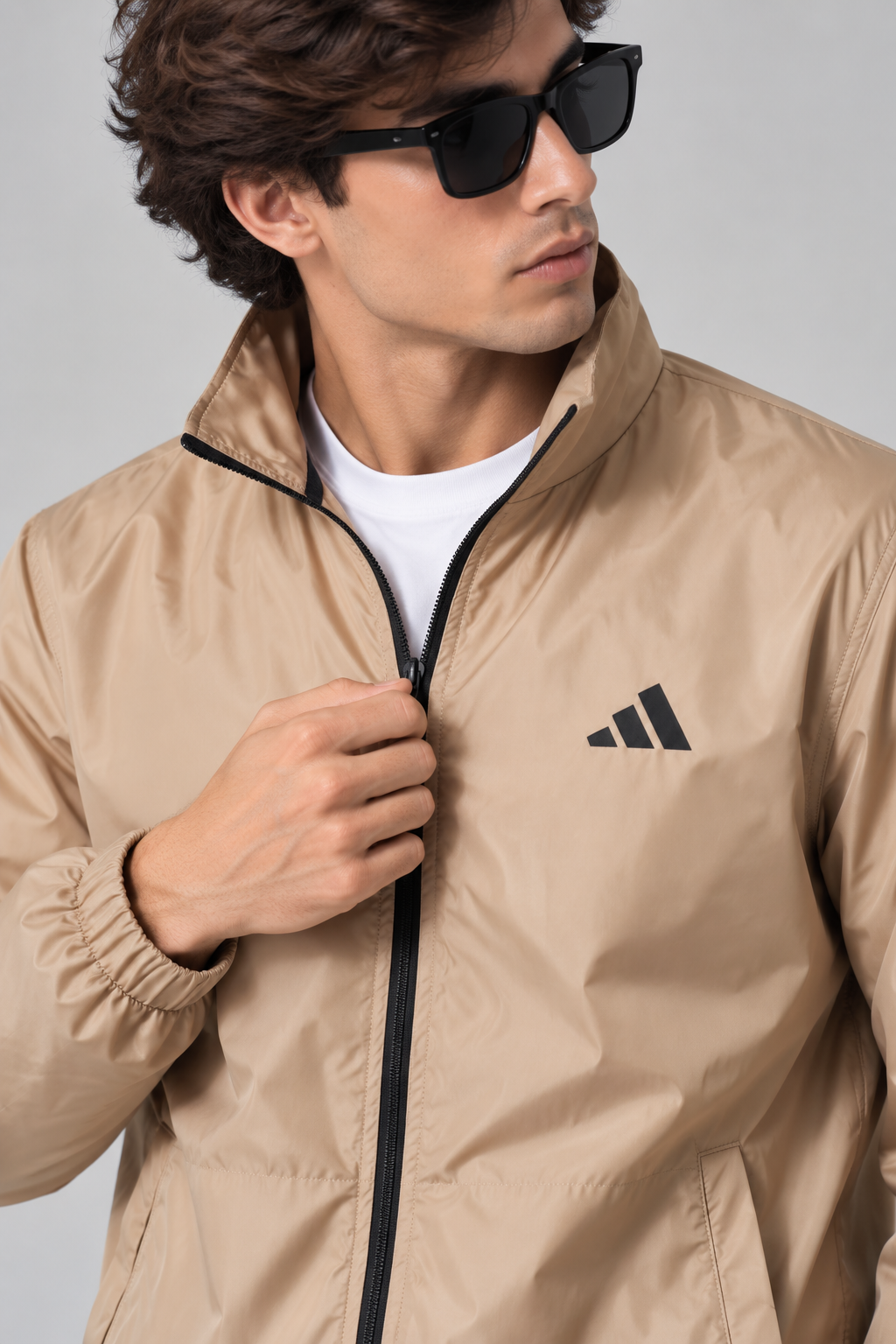 Adi Minimal Back-Stripe Beige Lightweight Windbreaker Jacket – Full-Zip Casual Sports Jacket