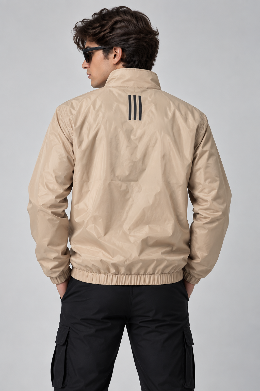 Adi Minimal Back-Stripe Beige Lightweight Windbreaker Jacket – Full-Zip Casual Sports Jacket