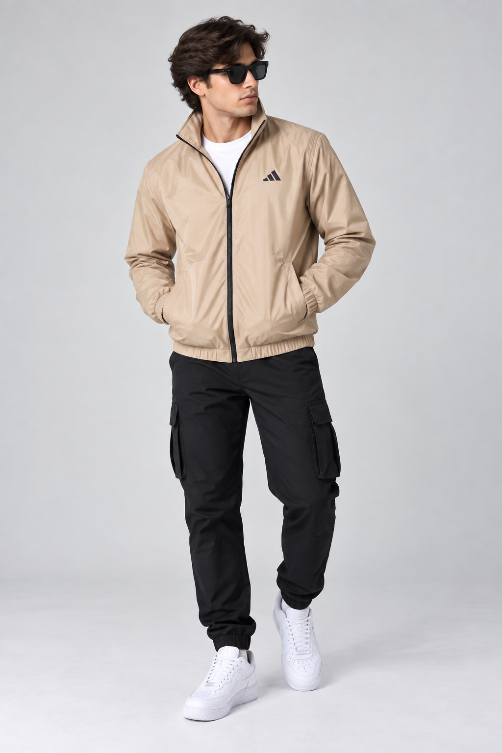 Adi Minimal Back-Stripe Beige Lightweight Windbreaker Jacket – Full-Zip Casual Sports Jacket