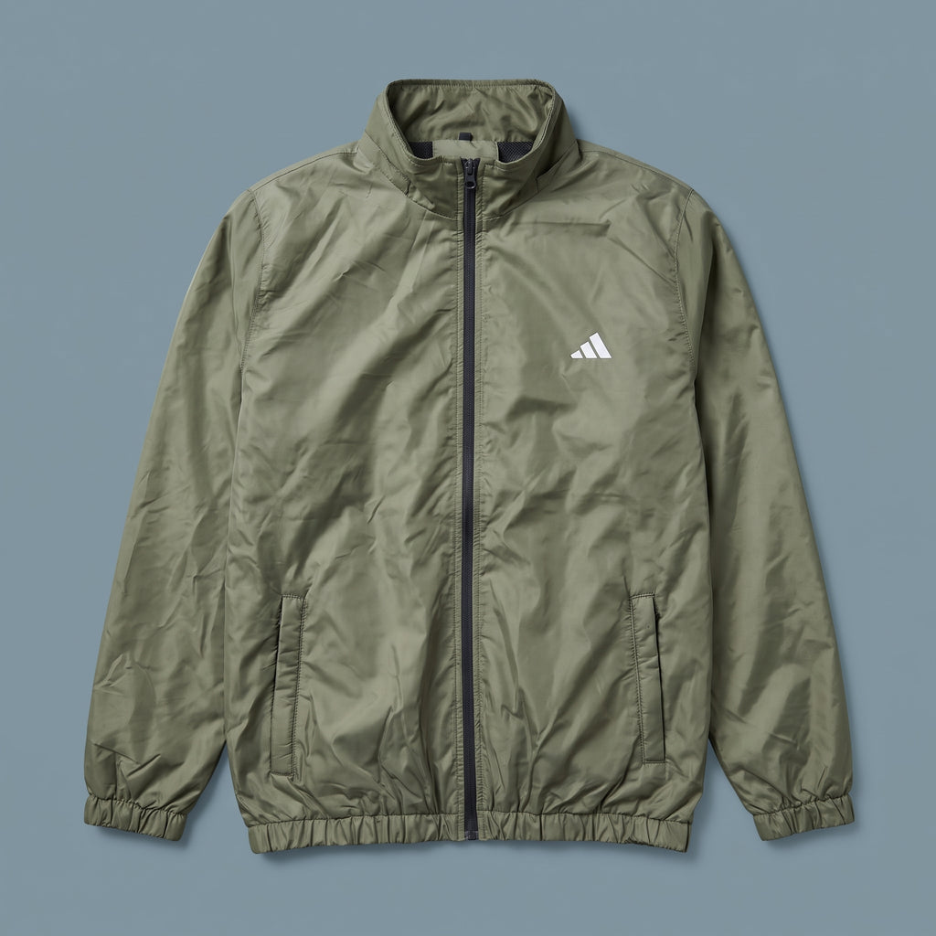Adi Minimal Back-Stripe Olive Green Windbreaker Jacket – Lightweight Full-Zip Sports Jacket
