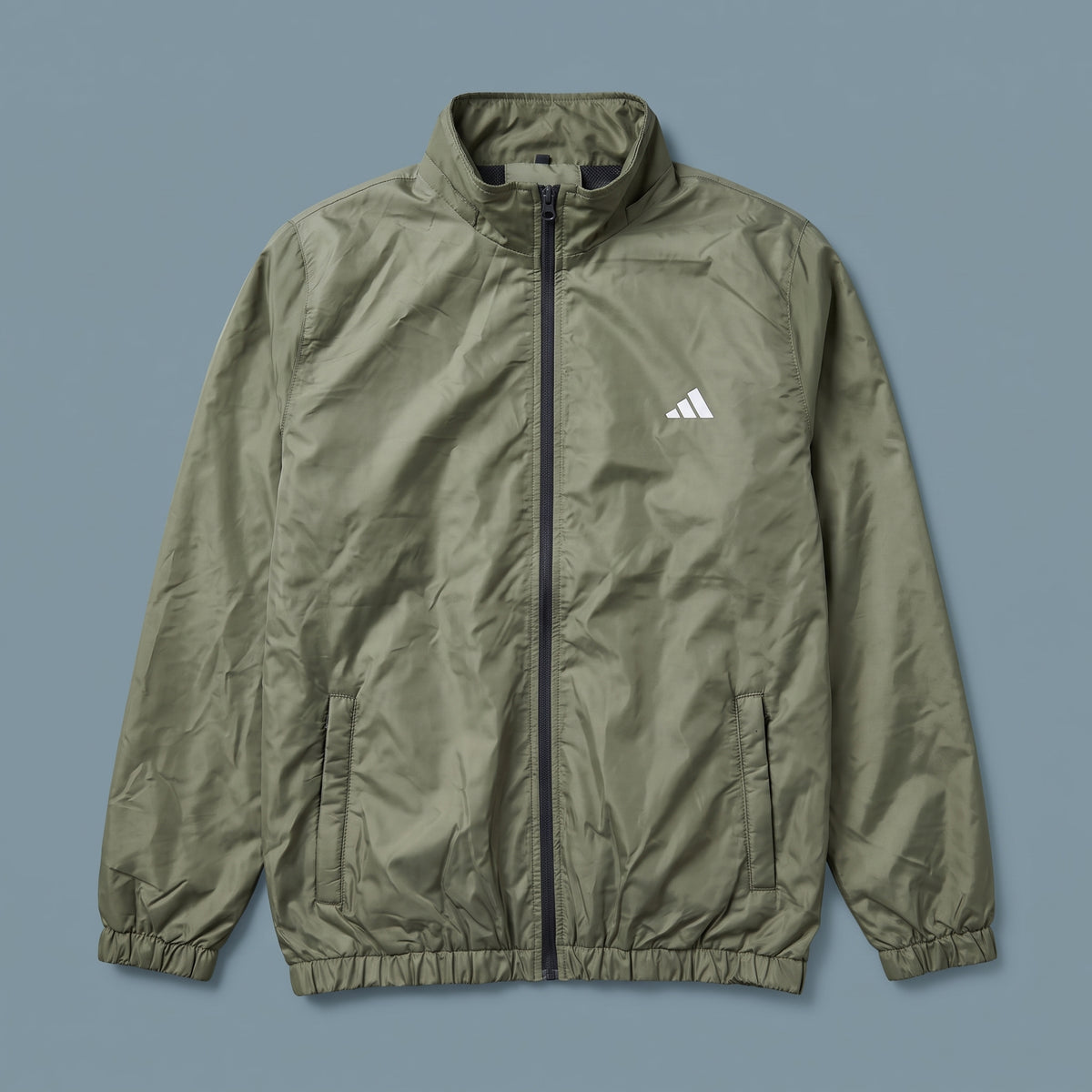 Adi Minimal Back-Stripe Olive Green Windbreaker Jacket – Lightweight Full-Zip Sports Jacket