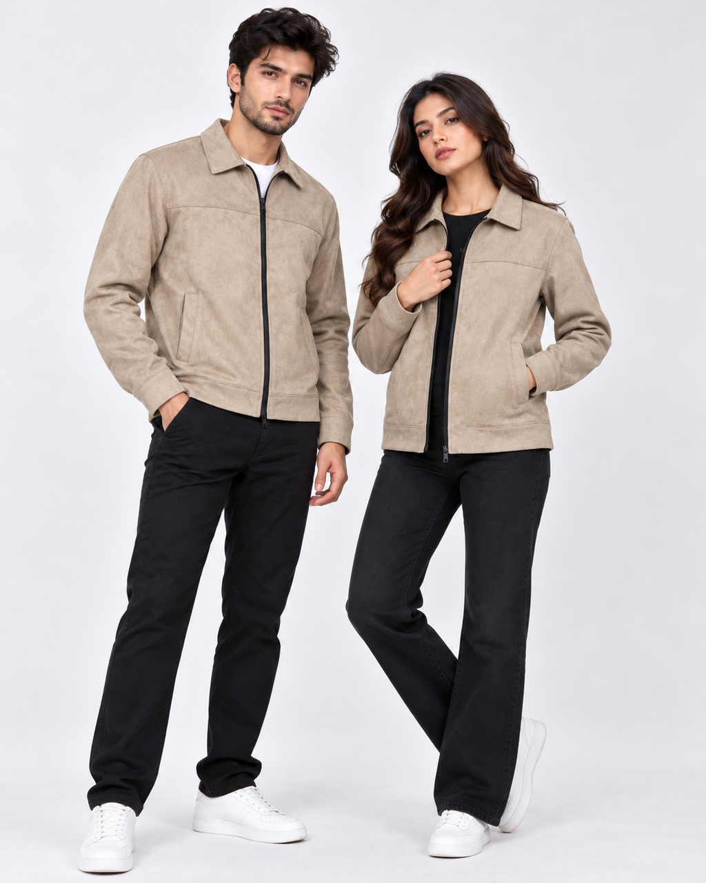 Beige Suede Jacket – Unisex Zip-Up Collared Jacket